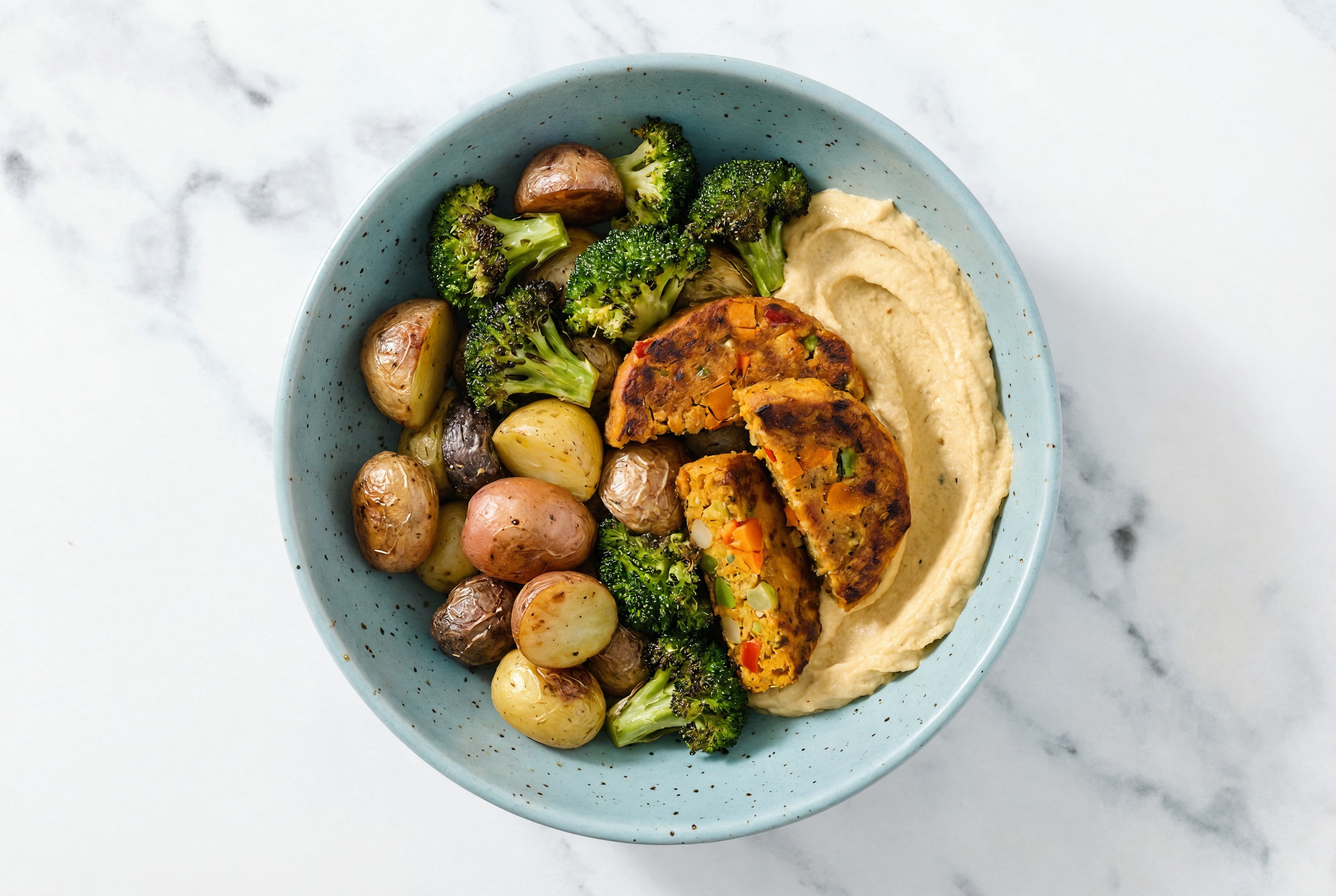 Sweet Potato Veggie Burger French Onion Hummus Bowl