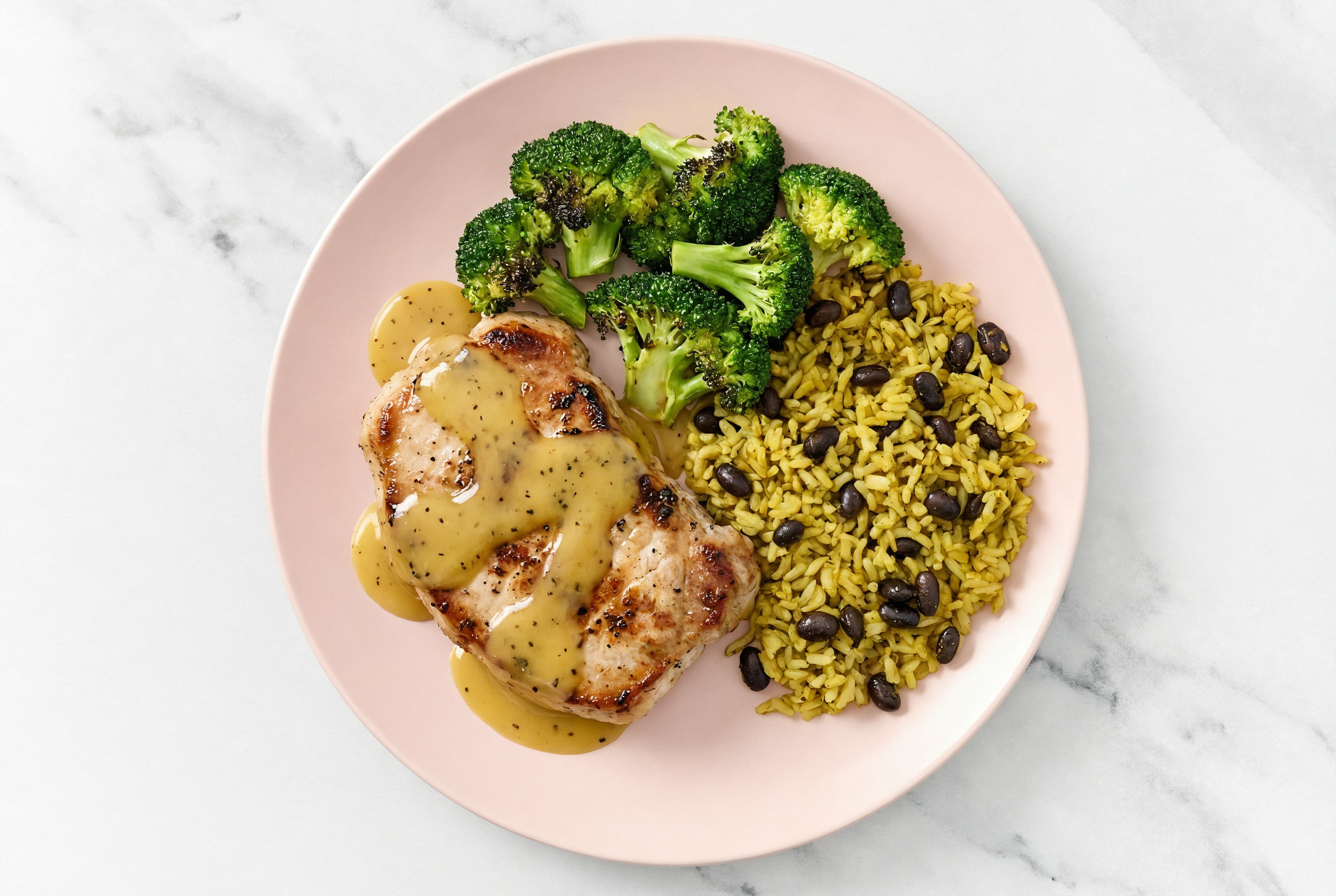 Air Fryer Honey Mustard Pork Chops with Seasoned White Rice + Black Beans