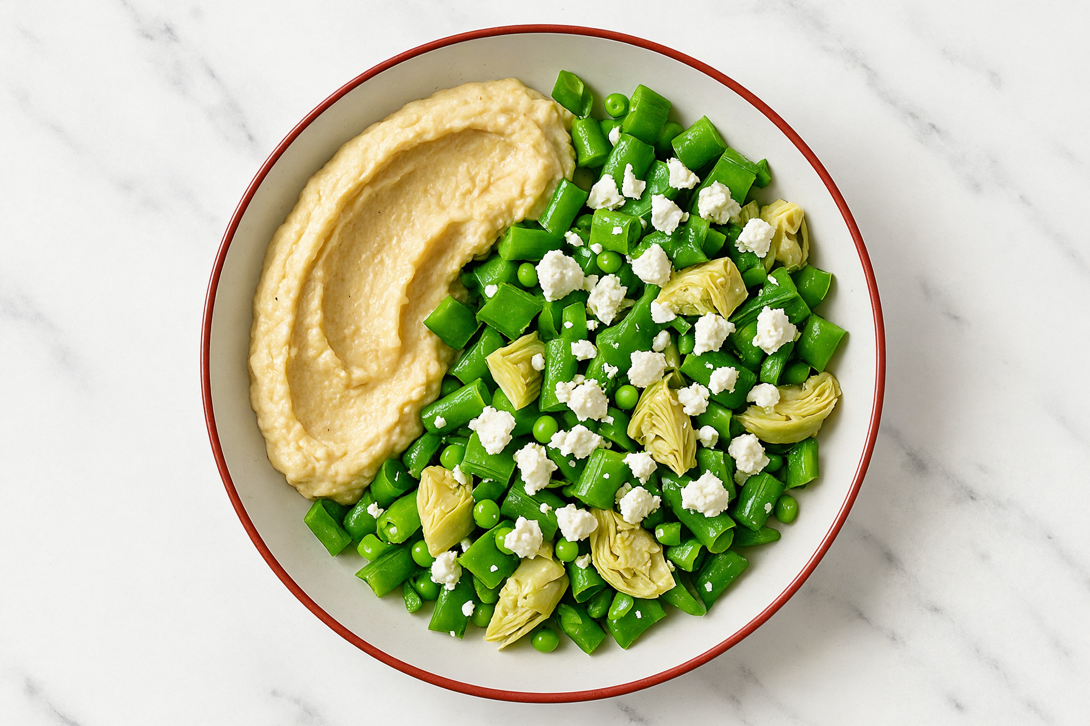 Feta Artichoke Snap Pea Bowl over Lemon Garlic Hummus