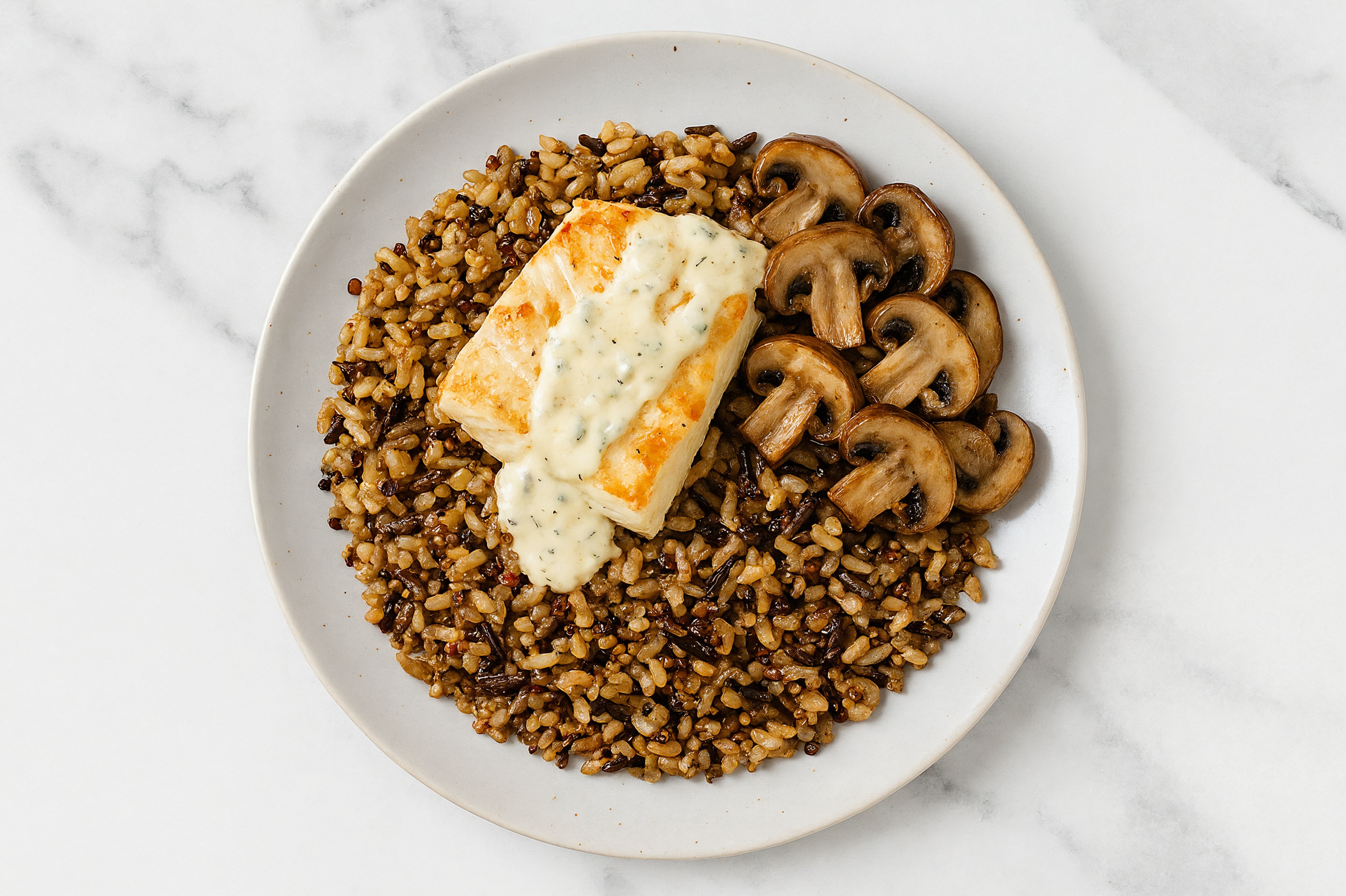 Albacore Halibut & Mushroom Grain Bowl with Garlic Sauce