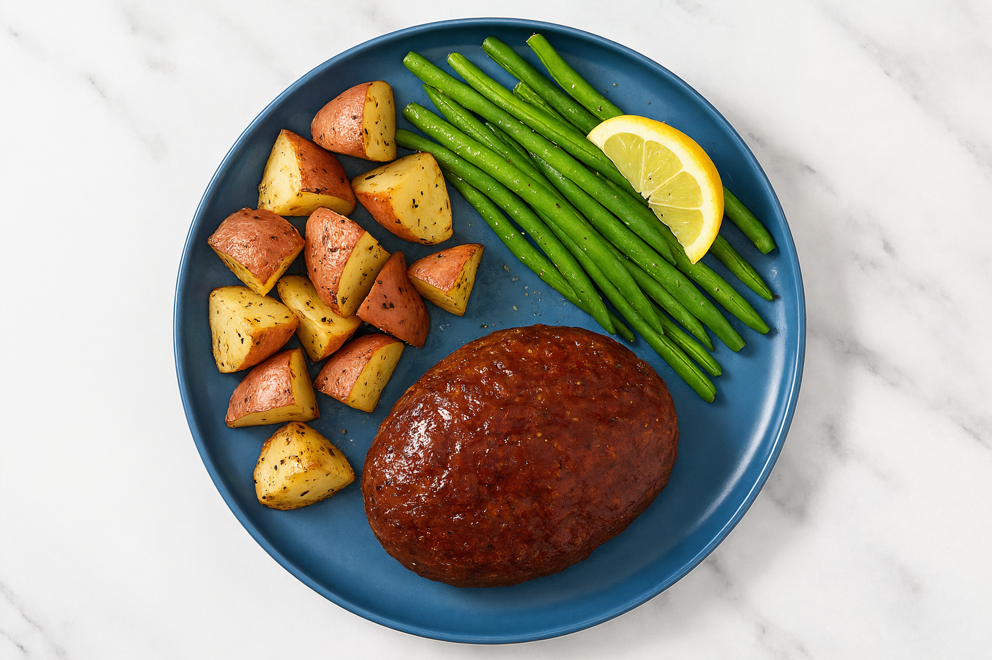 Mini BBQ Meatloafs with Roasted Red Potatoes, Green Beans, and Lemon