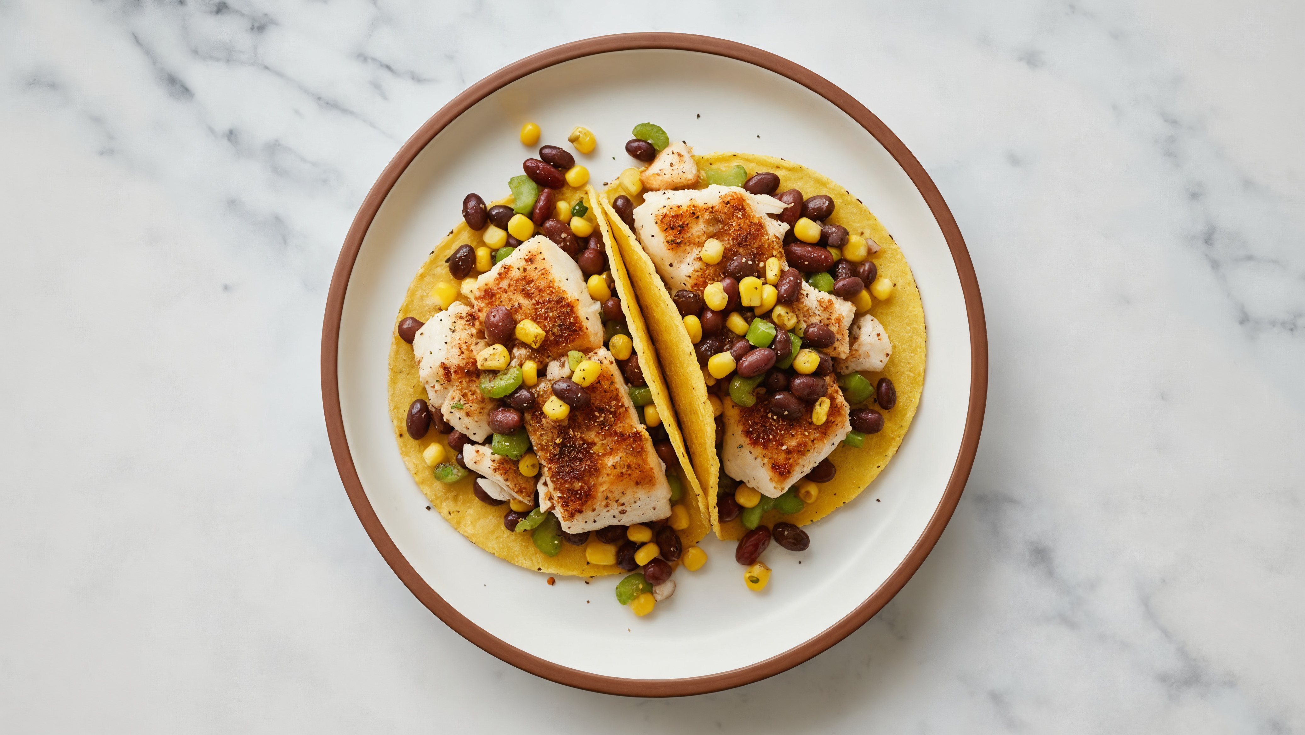 Savory Blackened Fish Tacos with Bean Salad with Cod Fillet