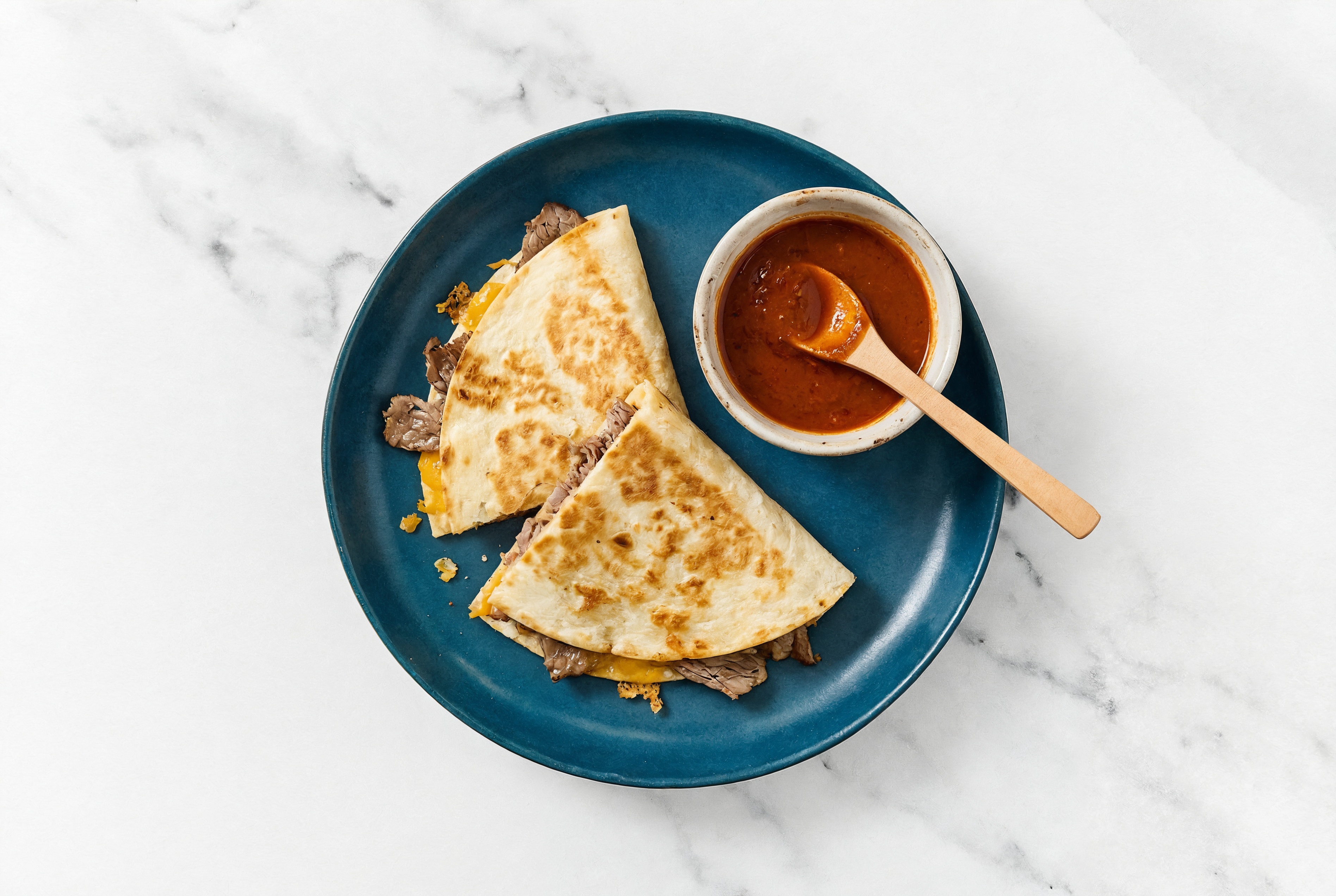 Speedy Shaved Ribeye Quesadillas with Birria Dip