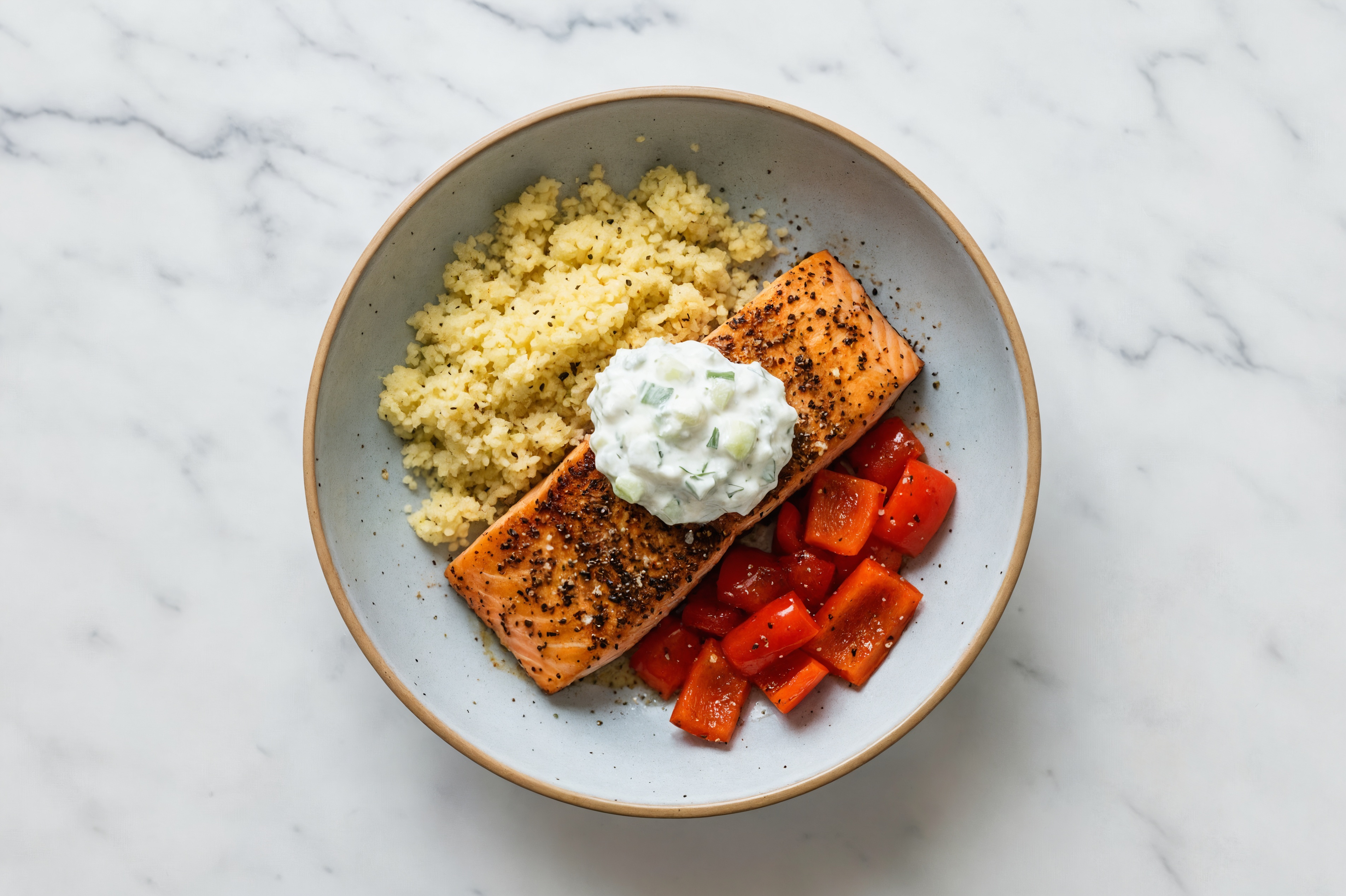 Salmon + Feta Cucumber Tzatziki Dip Couscous Grain Bowl