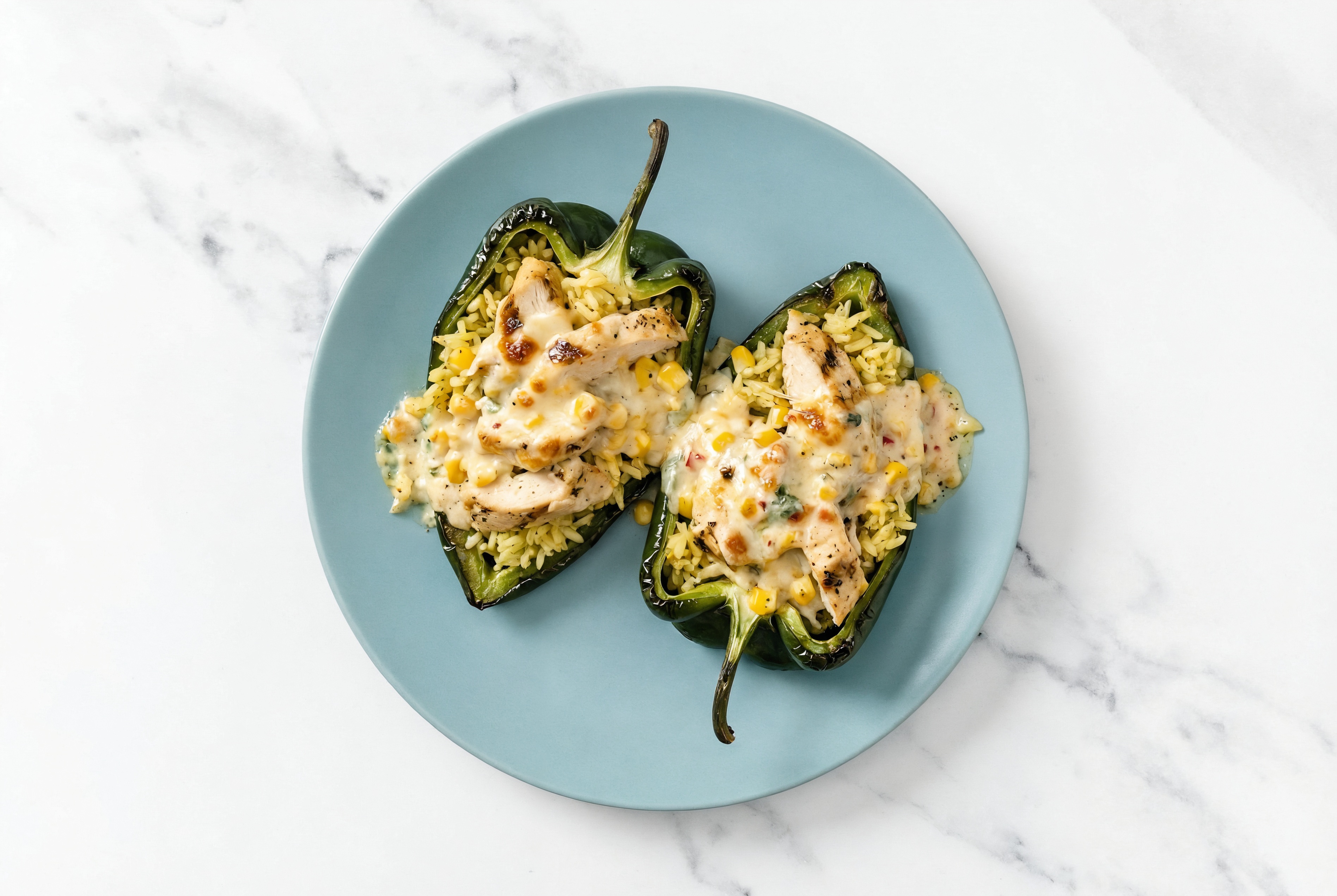 Poblano Peppers Stuffed with Mexican Street Corn + Grilled Seasoned Chicken Breast and Jasmine Rice