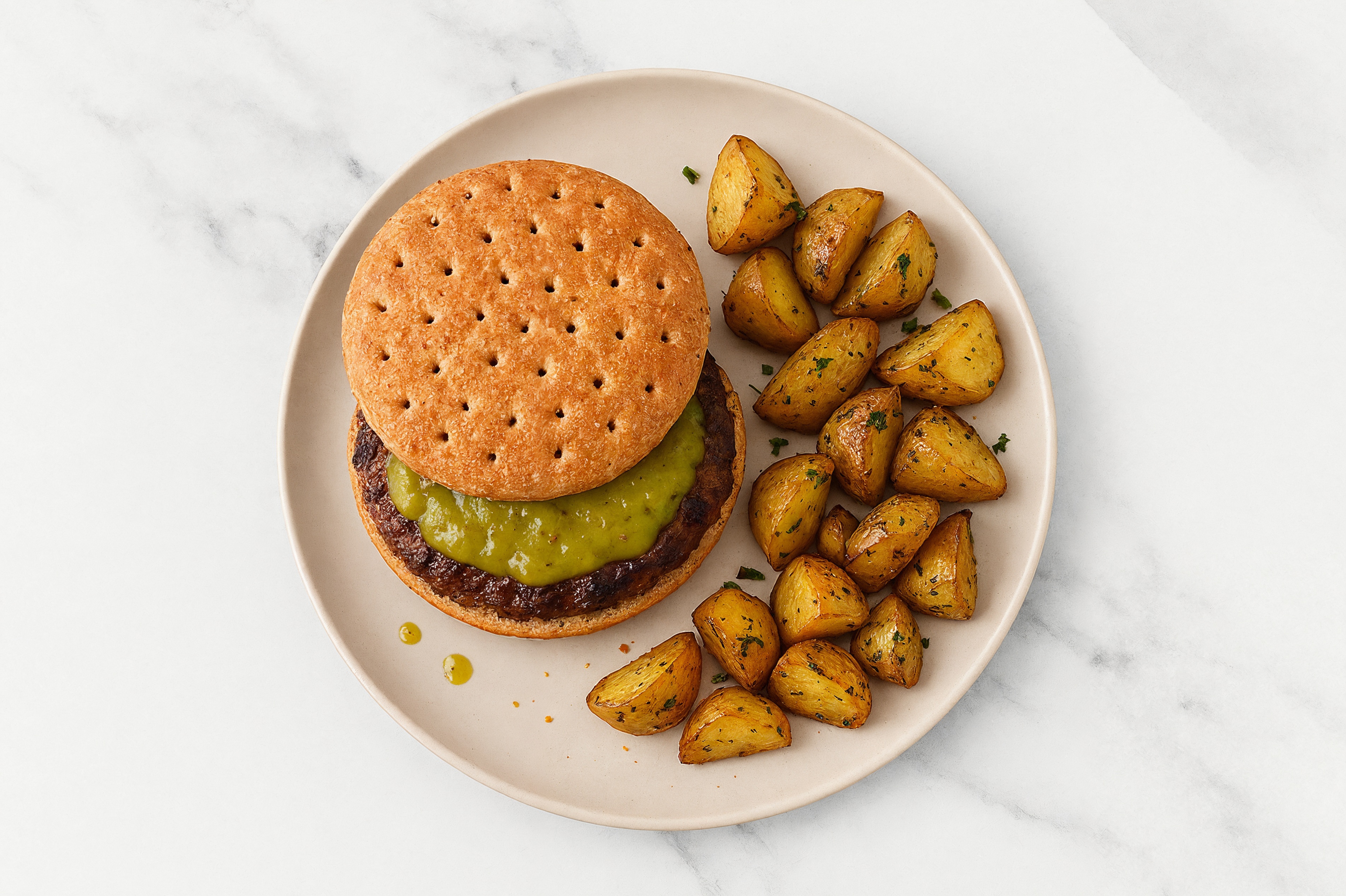 Green Chile Wagyu Beef Burger + Rosemary Potatoes