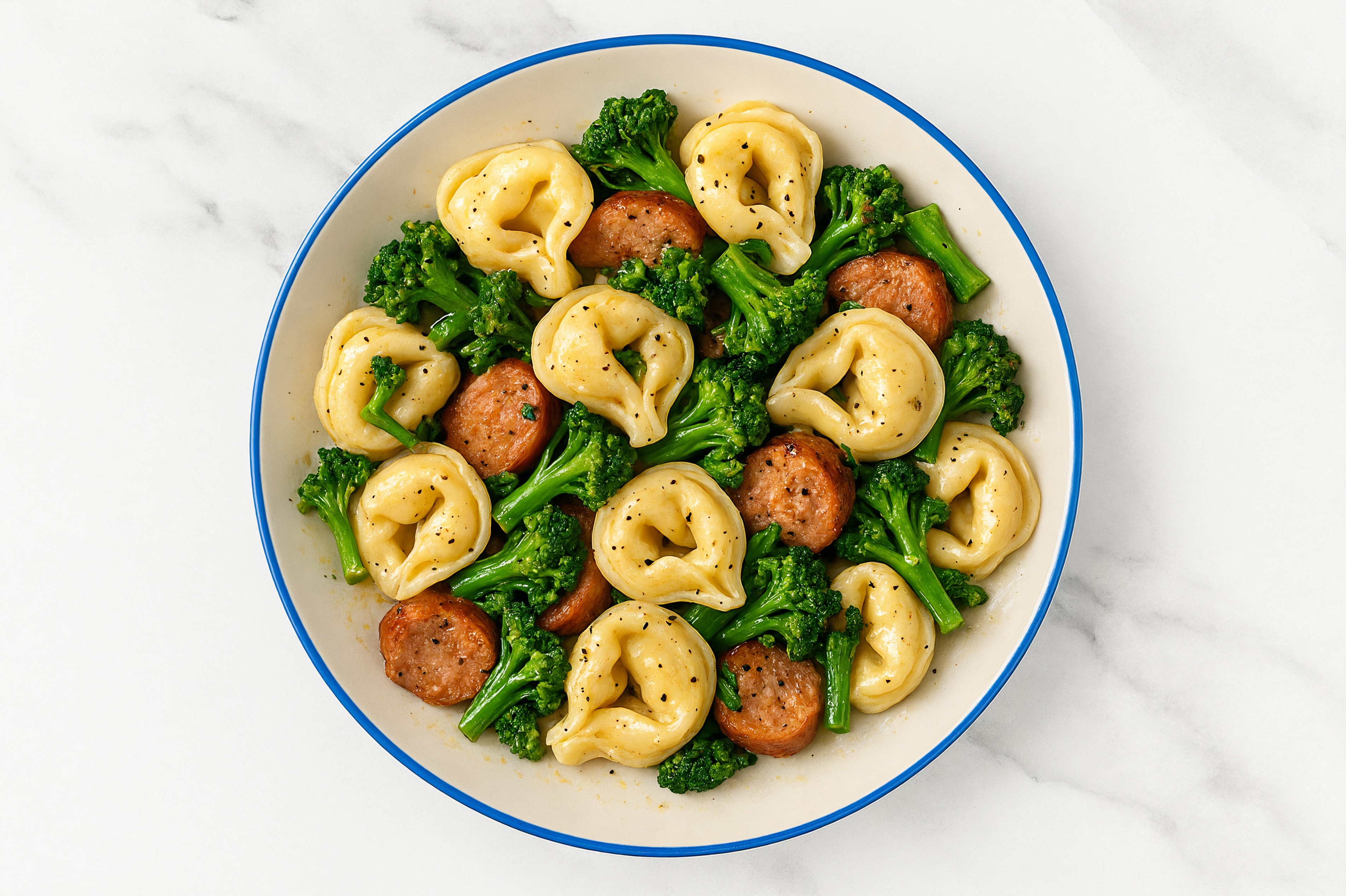 Cheese Tortelloni with Broccoli + Hot Sausage