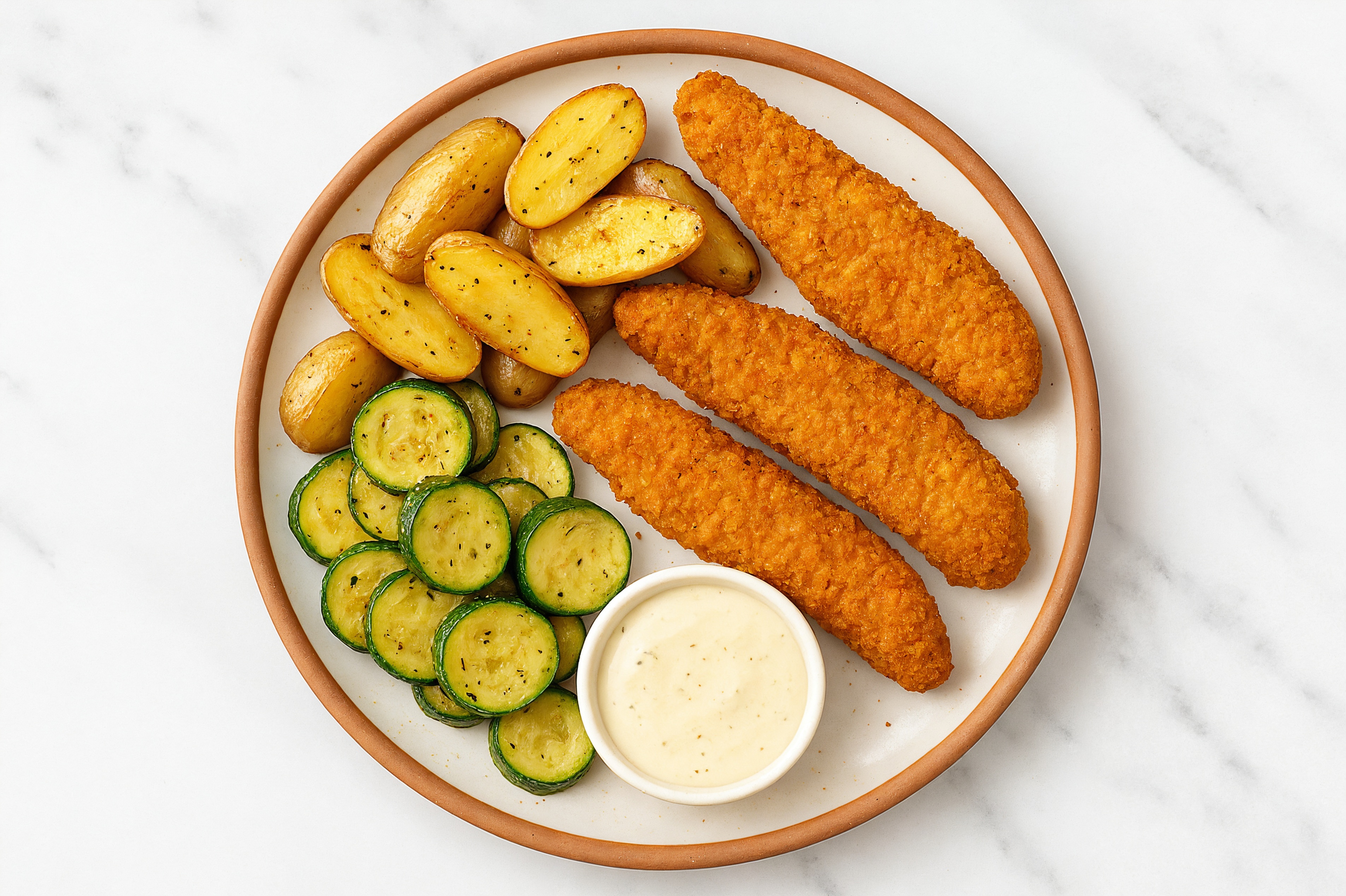 "Chicken" Tenders + Roasted Potatoes with Ranch with Zucchini
