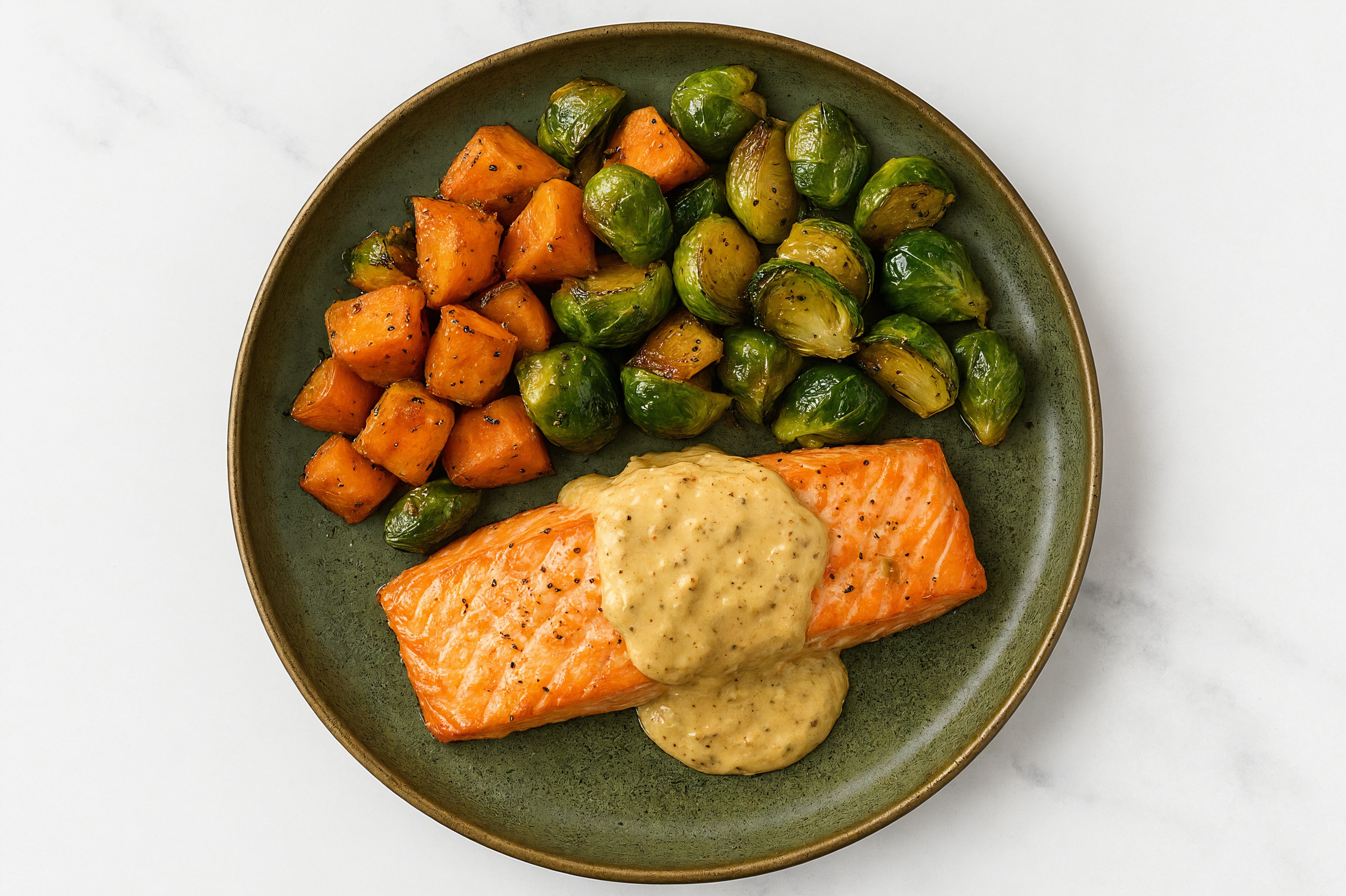 French Onion Salmon with Sweet Potatoes + Brussels