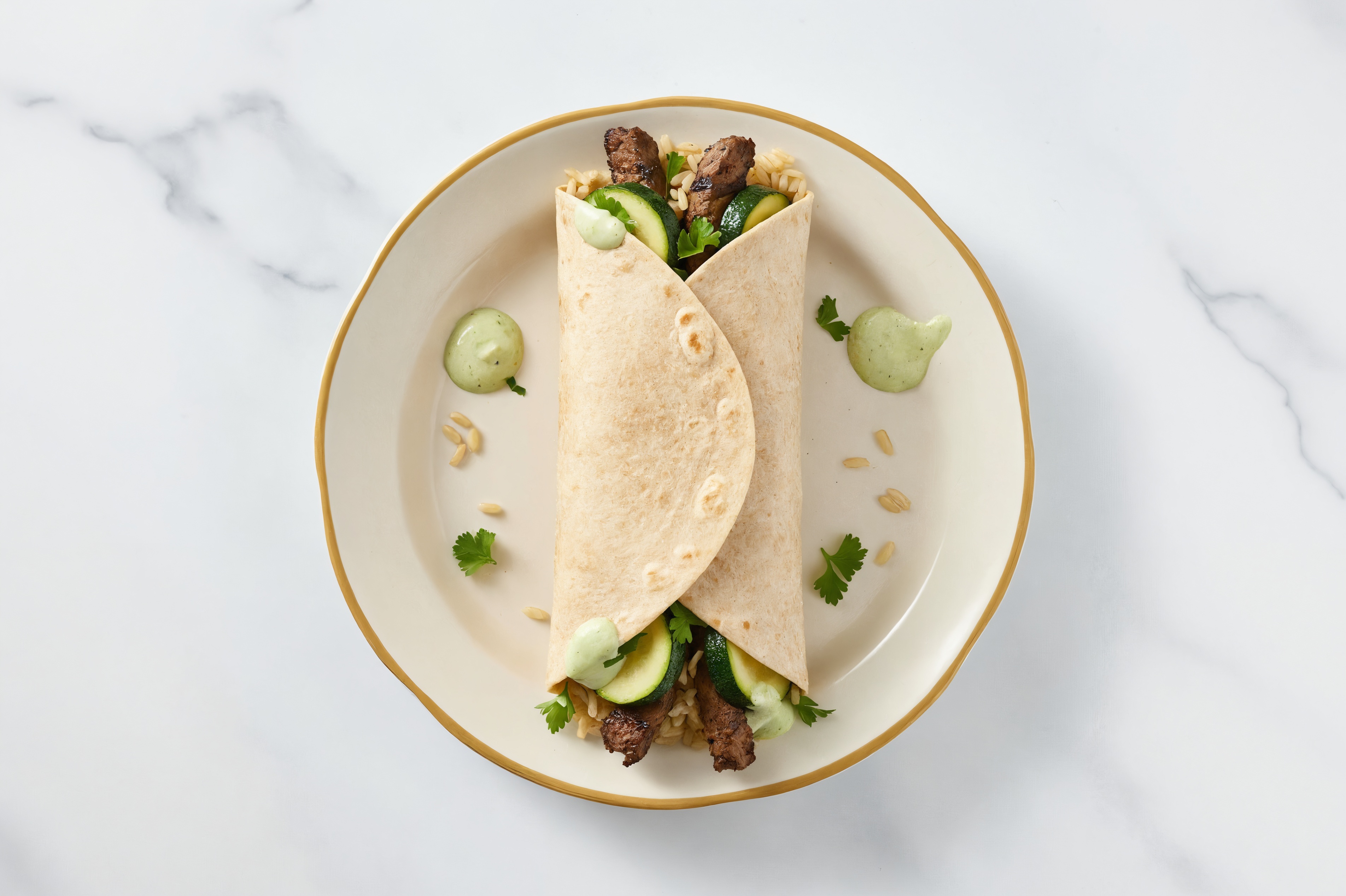 Big Mediterranean Wrap with Barbacoa, Jalapeño Sauce, Brown Rice + Zucchini