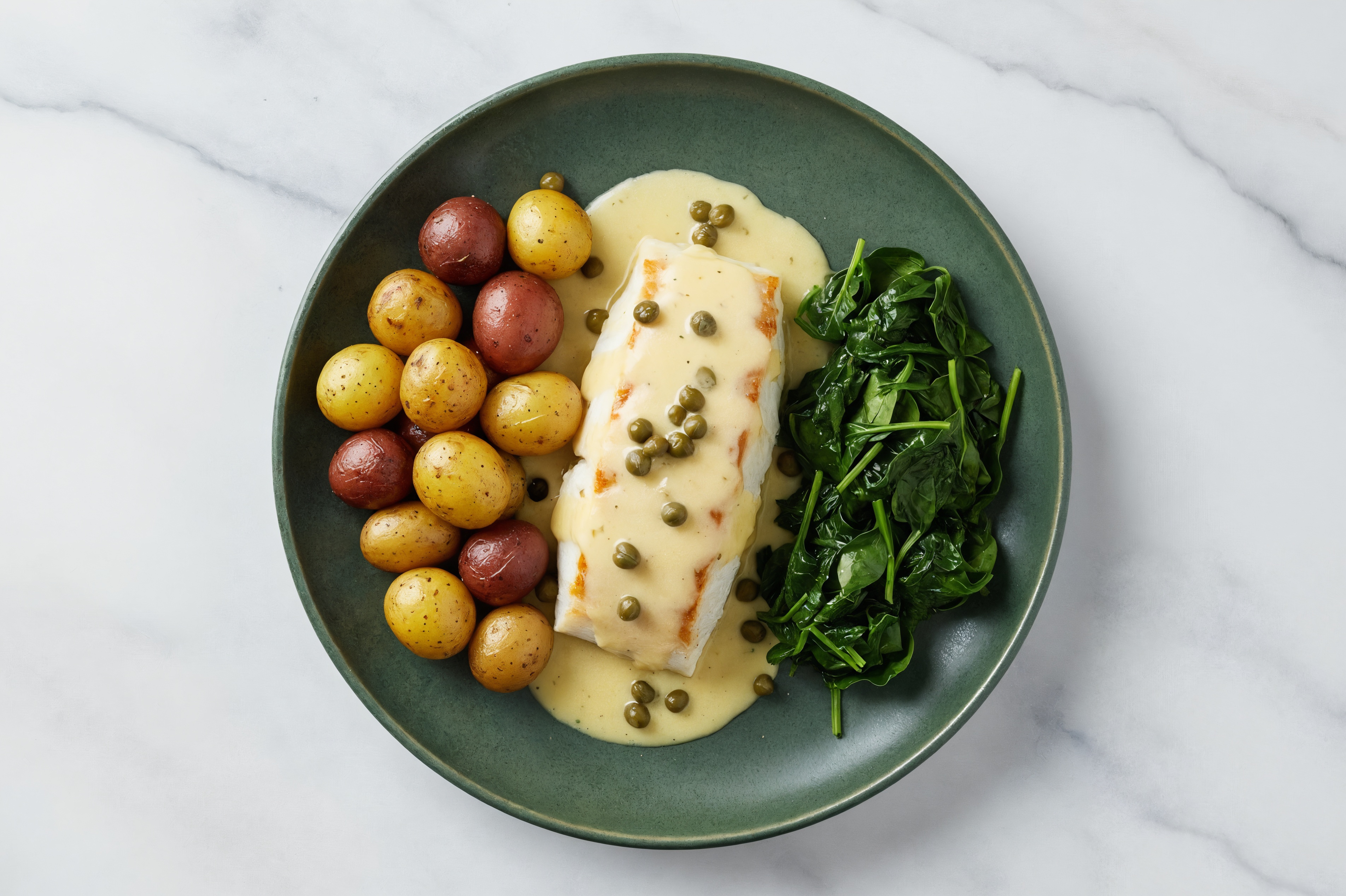 Herby Roasted Halibut with Creamy Caper Dressing with Baby Spinach