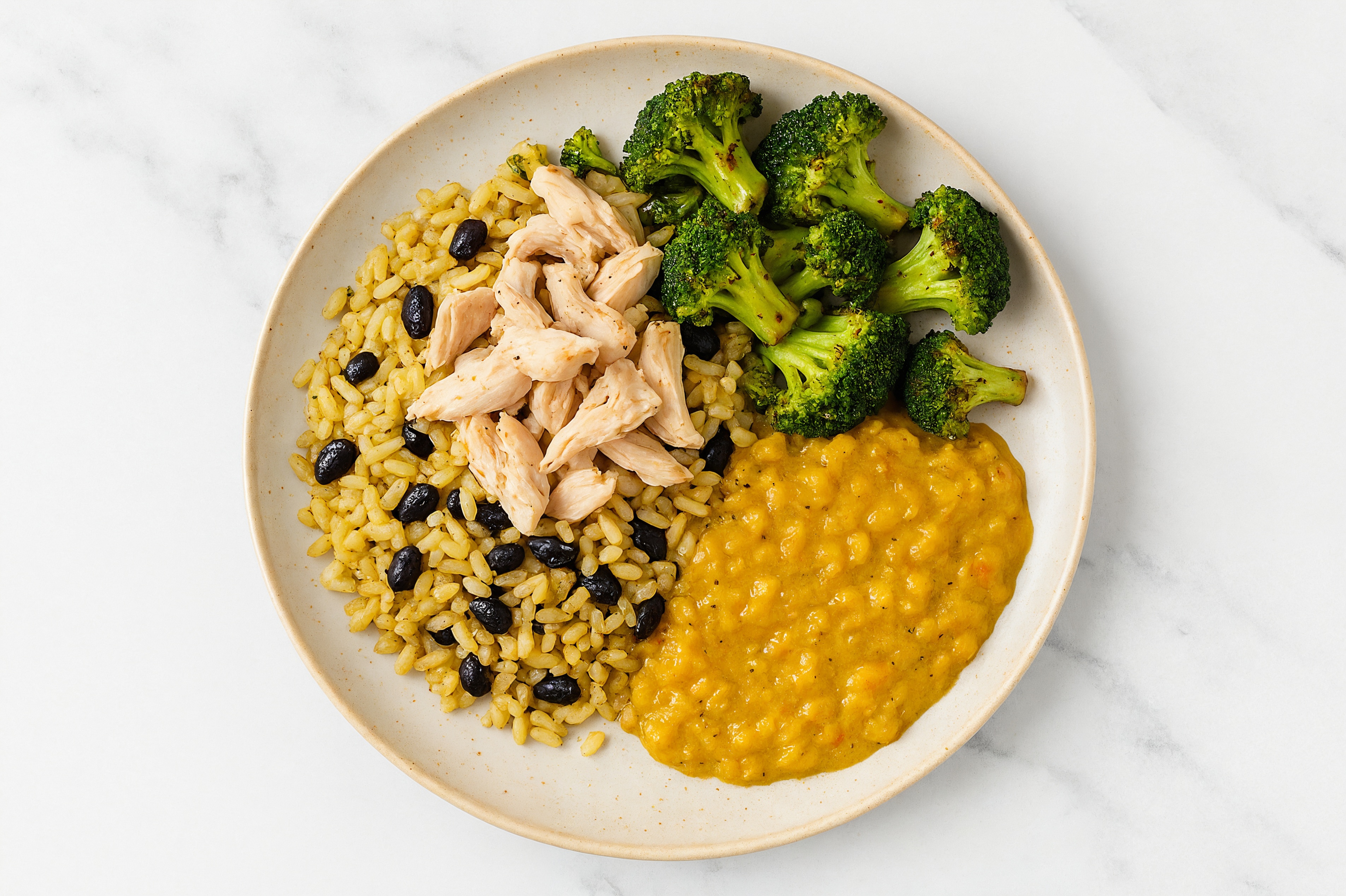 Chicken Grain Bowl with Red Lentils with Seasoned White Rice + Black Beans