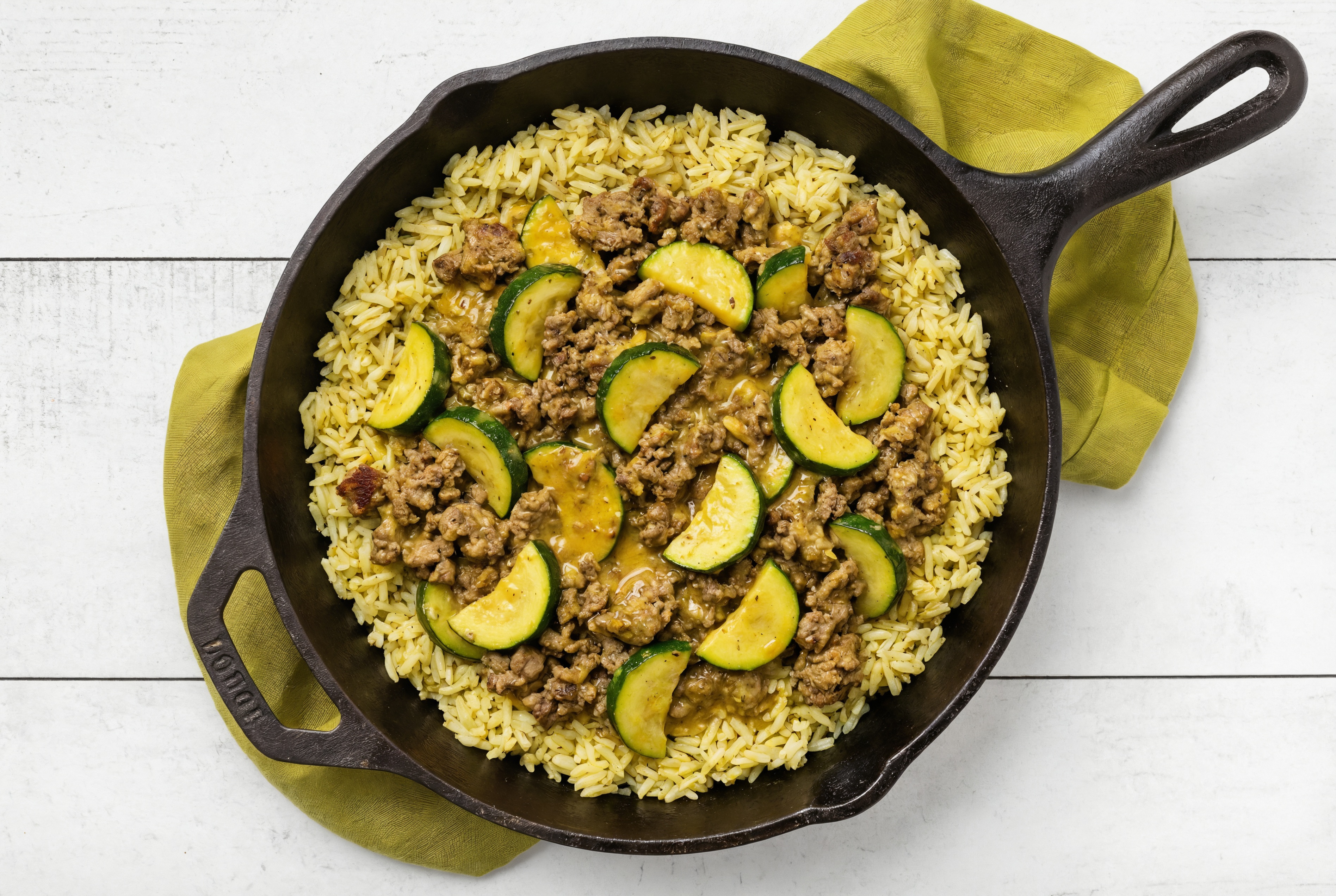 Coconut Curry Ground Beef Stir-Fry with Zucchini over Jasmine Rice
