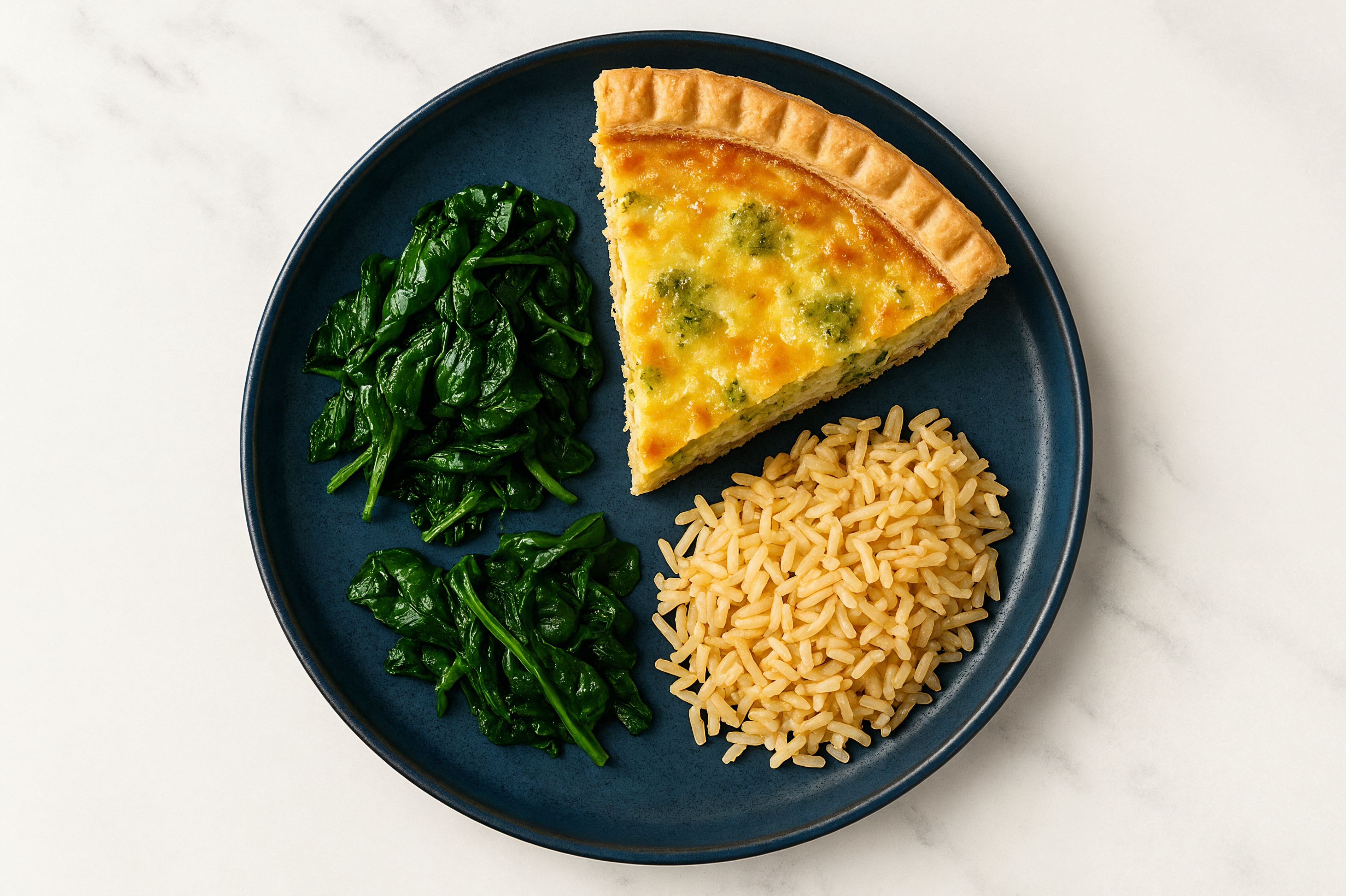 Broccoli & Cheddar Quiche with Baby Spinach & Bone Broth Rice