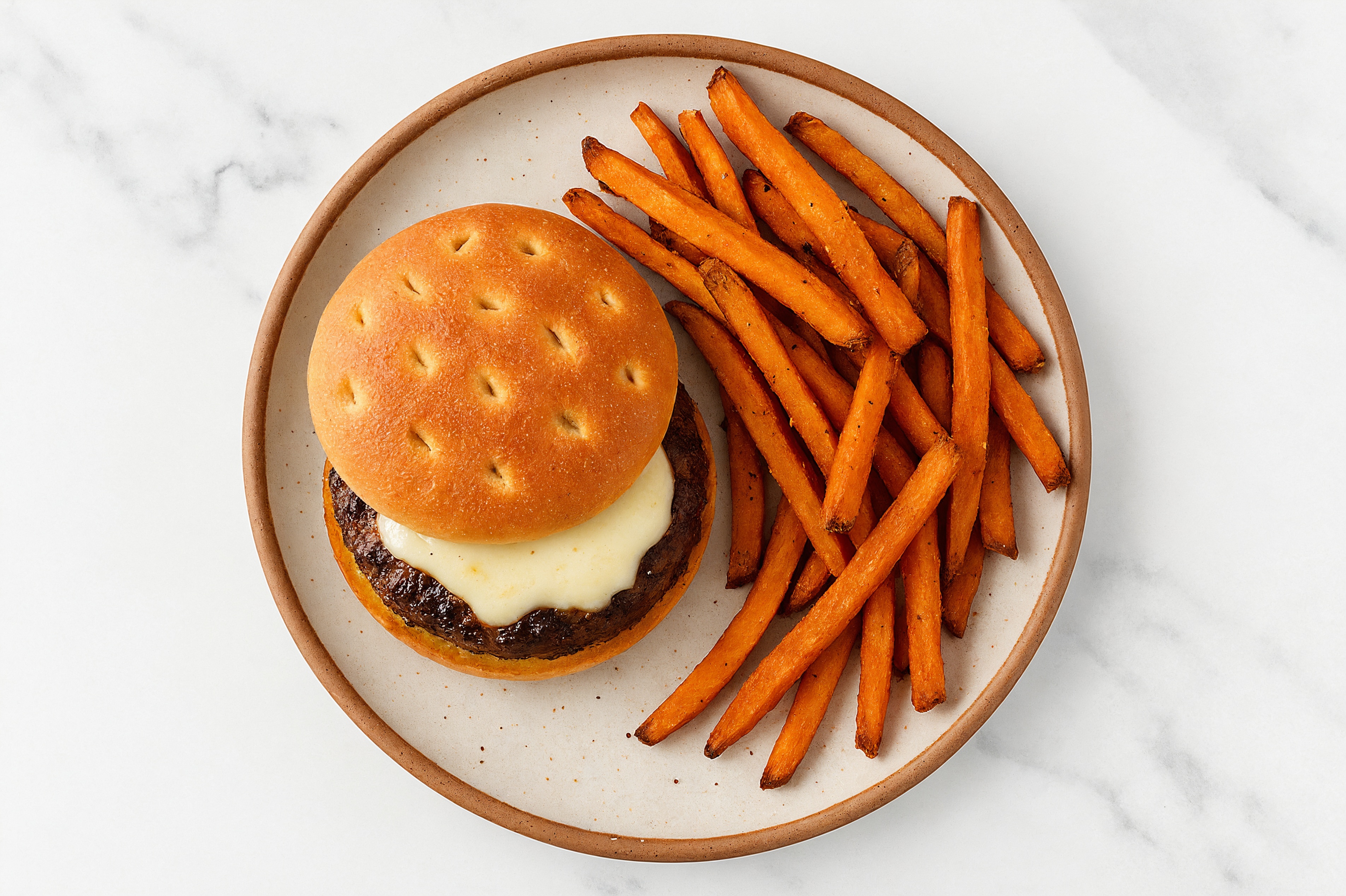 Juicy Mozzarella Ball Cheeseburger + Sweet Potato Fries