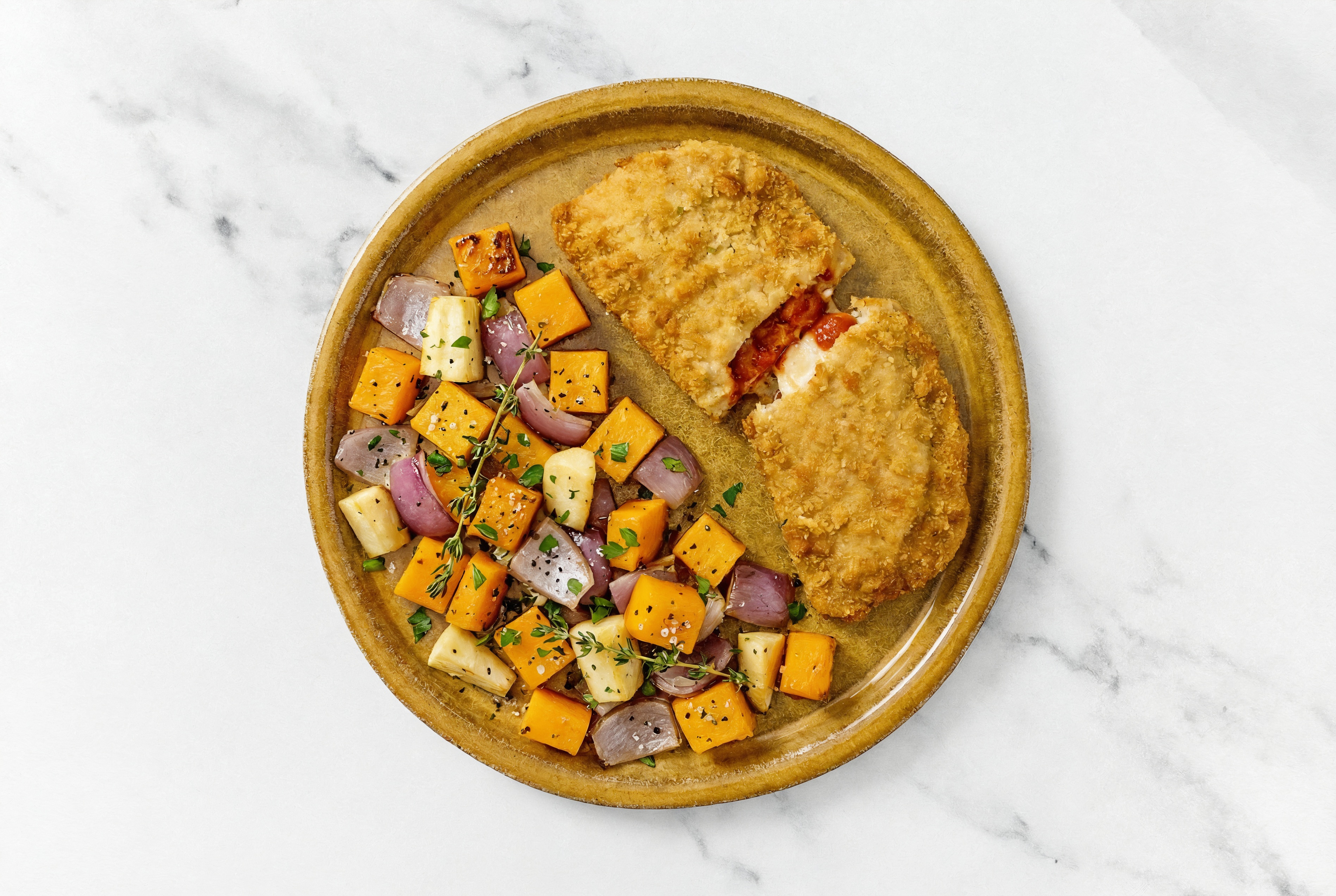 "Chicken" Parm with Roasting Veggies