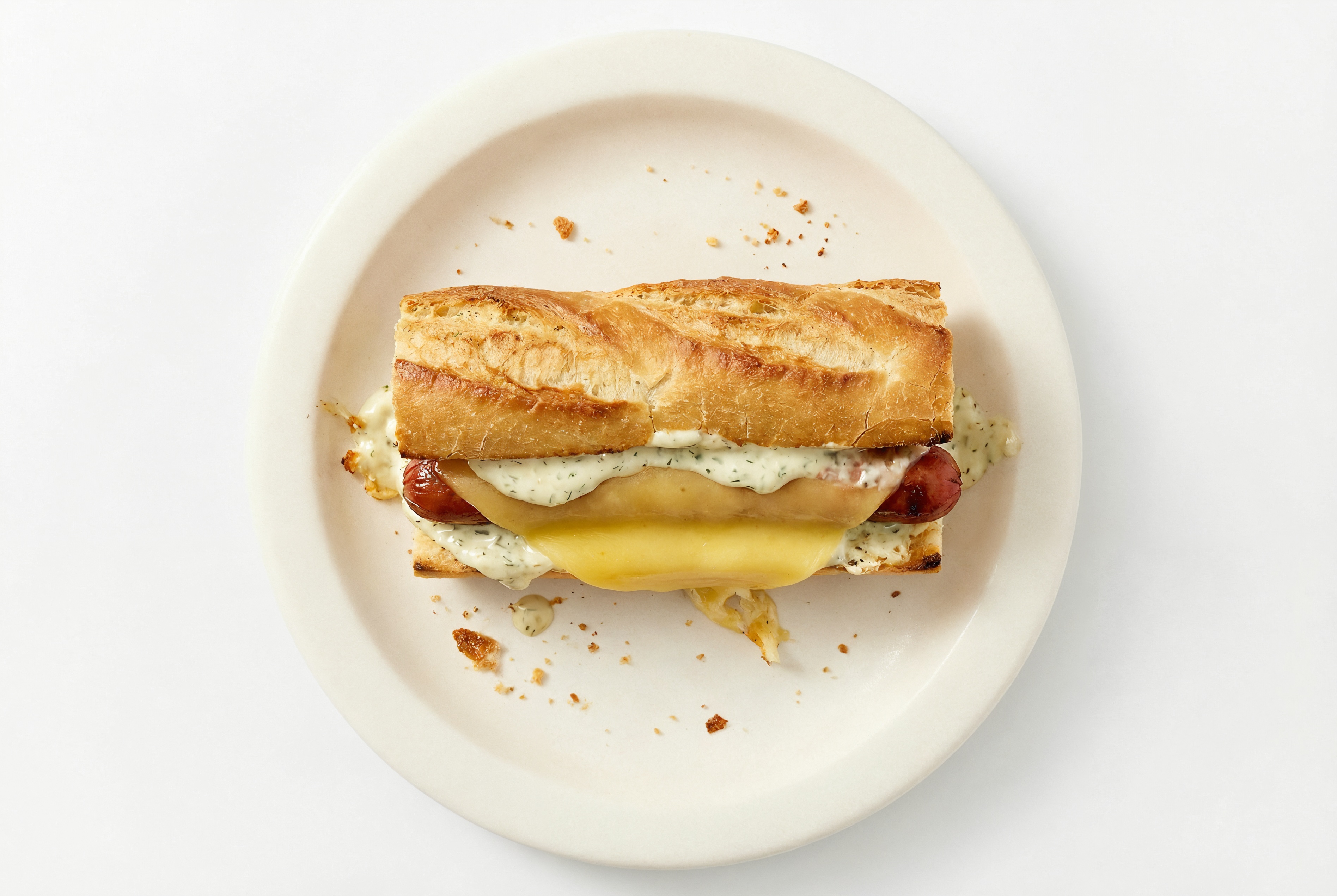 Vegan Cheddar Beef Hot Dog with Garlic Sauce on Baguette
