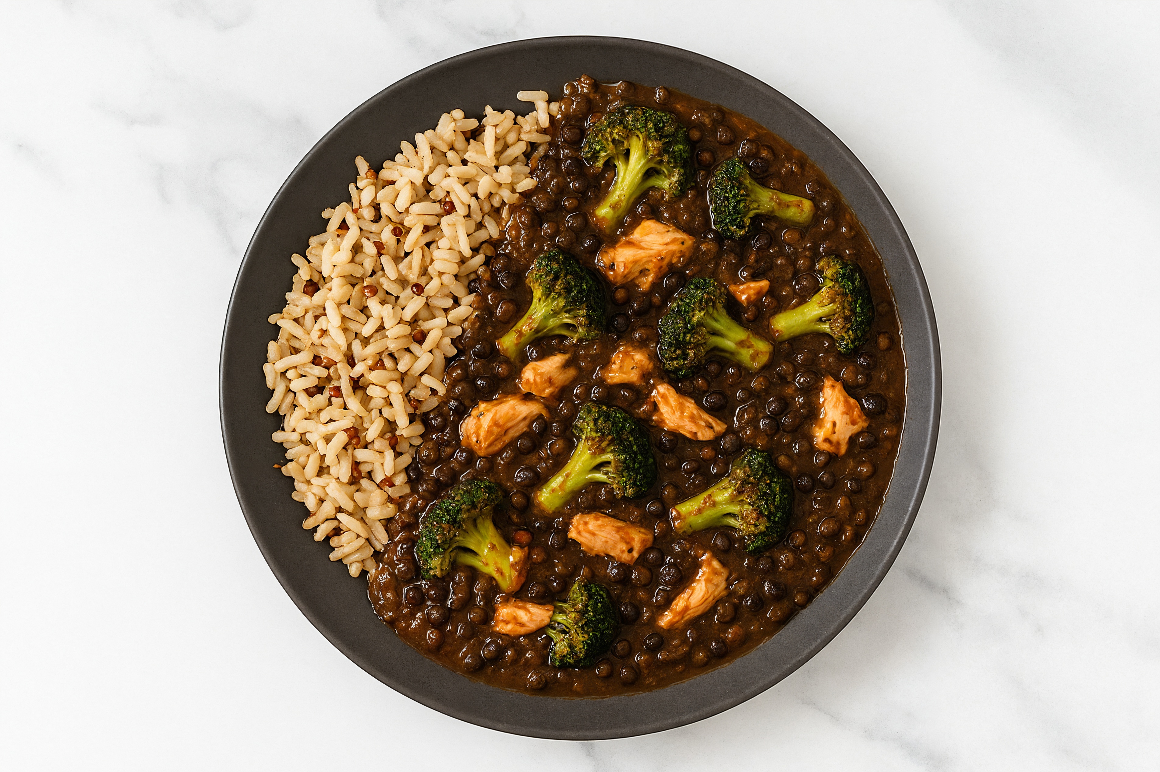 Salmon & Lentil Stew with Broccoli & Brown Rice