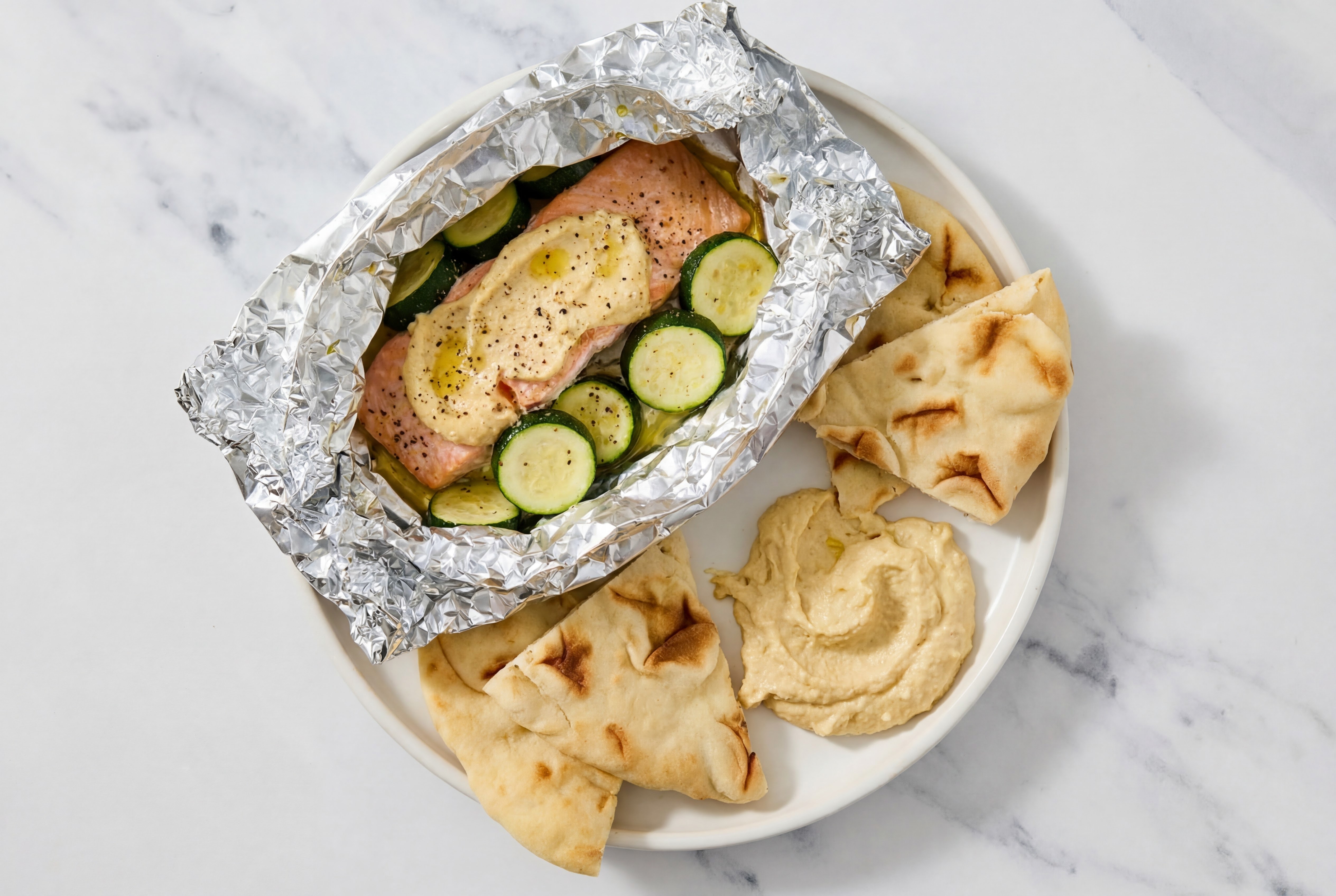 Herby Roast + Ready Salmon + Veggies with Toasted Naan with Lemon Garlic Hummus