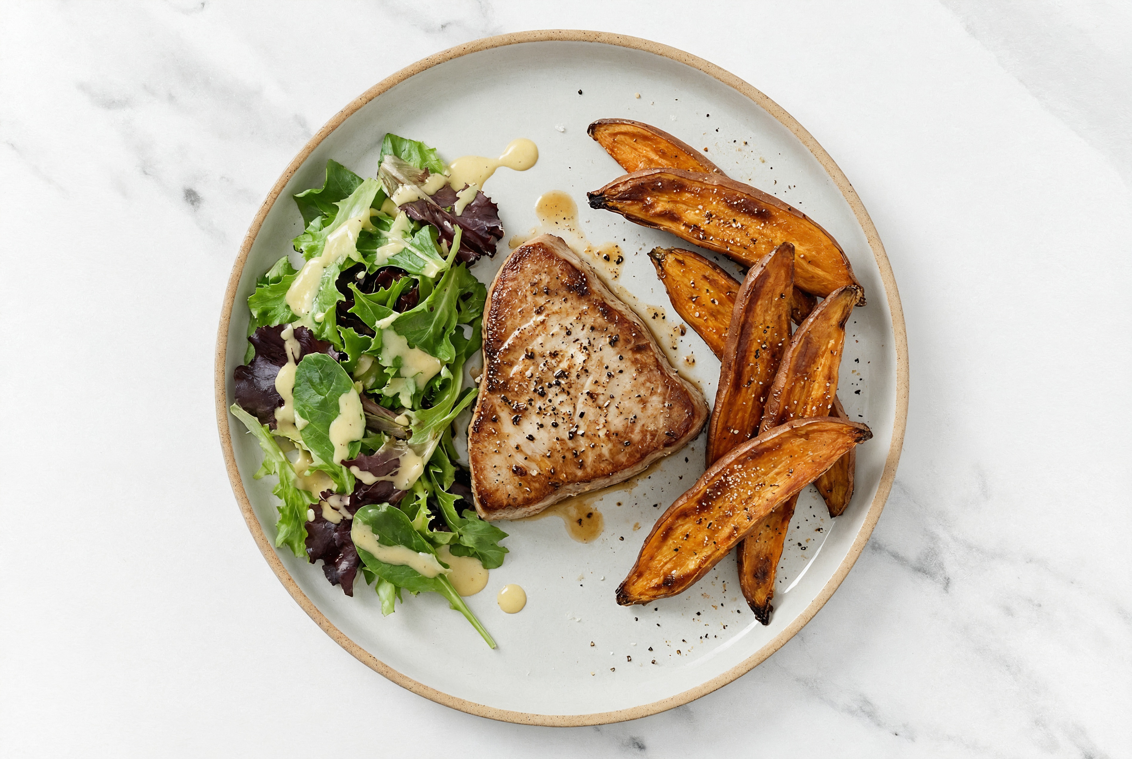 Tuna Steak with Crispy Sweet Potatoes + Side Salad