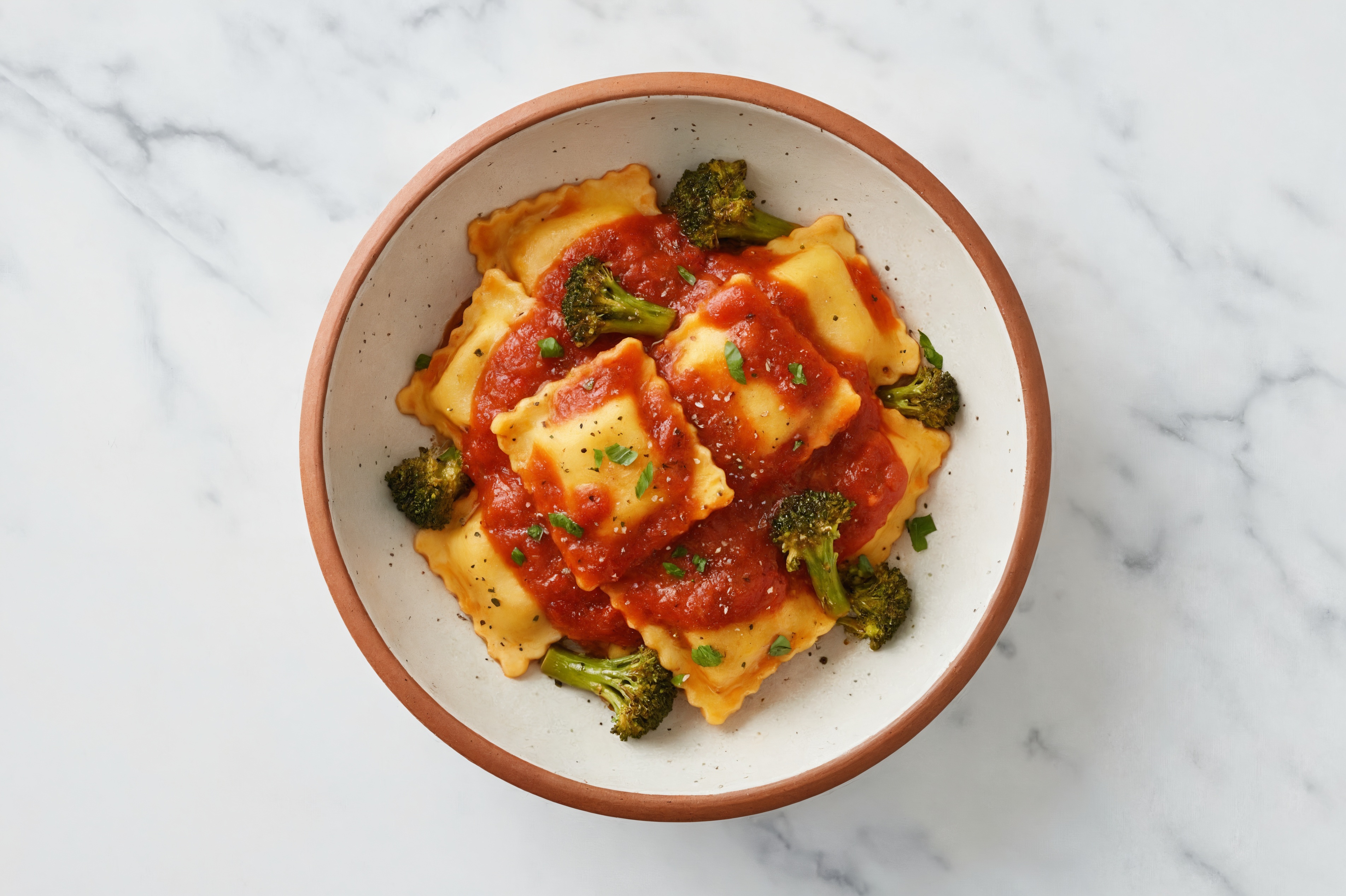 Red-Sauce Bolognese Ravioli with Broccoli