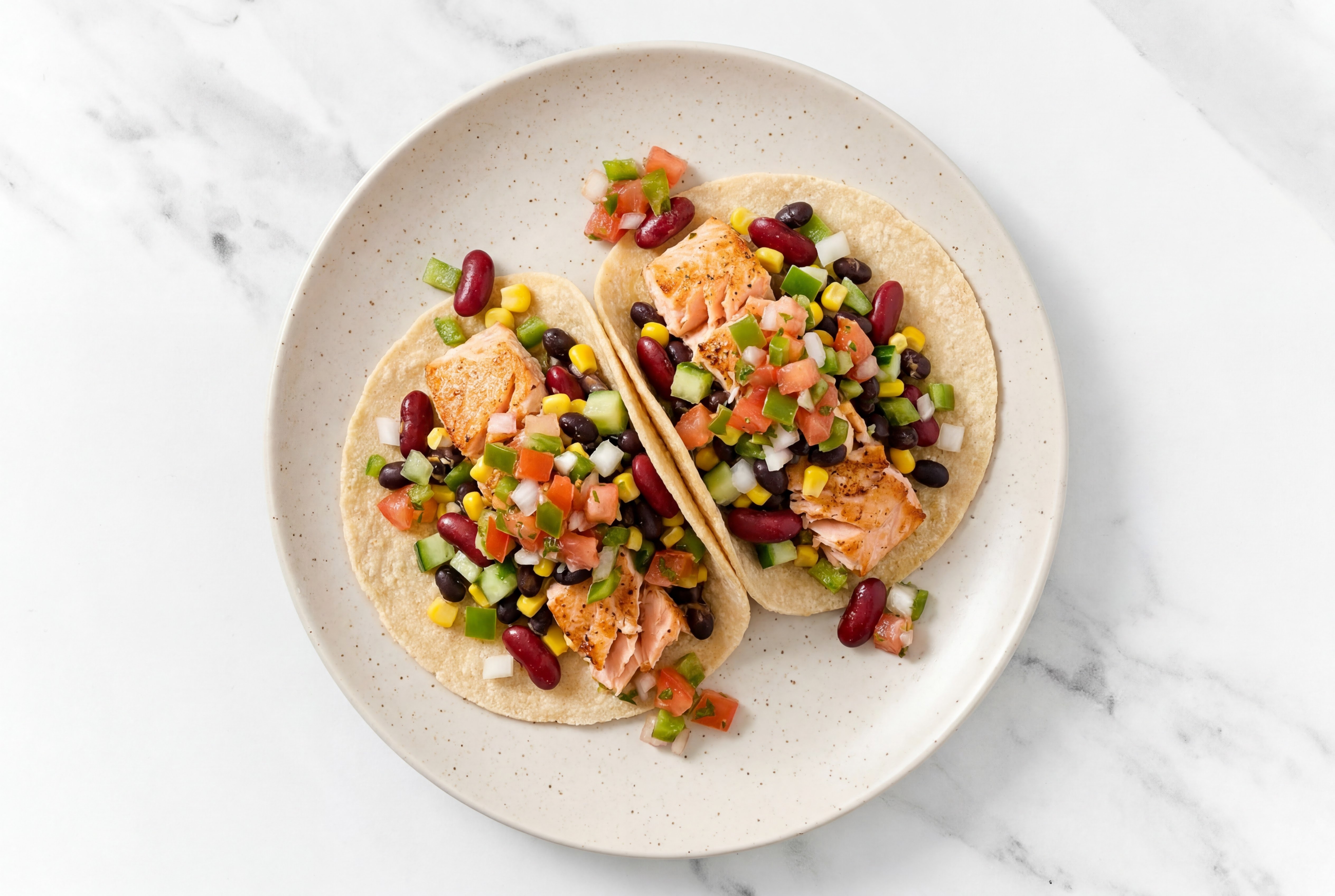 Herby Salmon Tacos with Black Beans + Salsa
