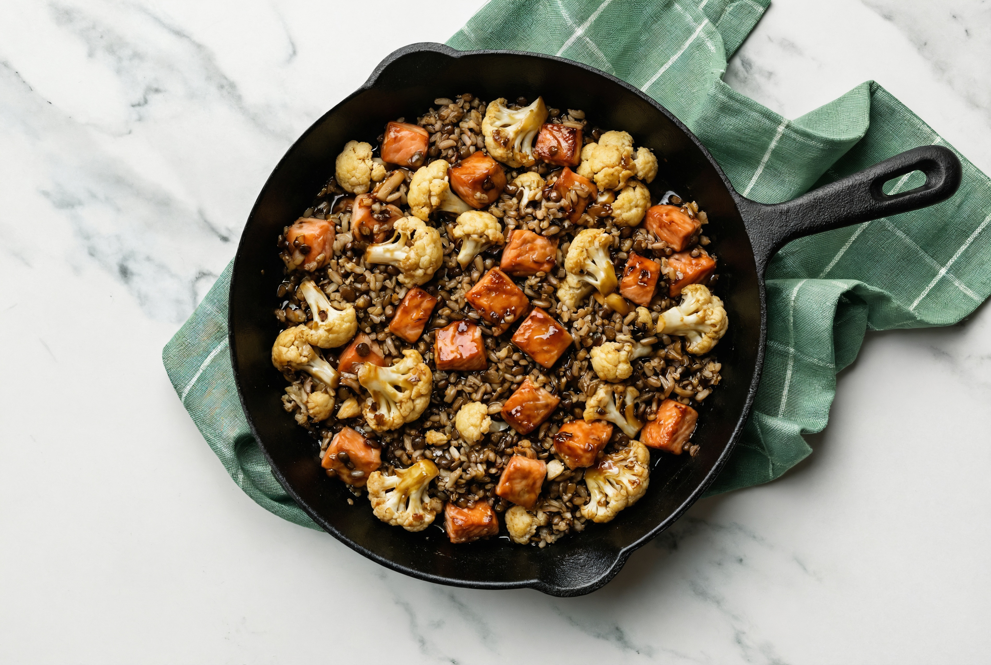 Teriyaki Sockeye Salmon Stir-Fry with Cauliflower over Quinoa