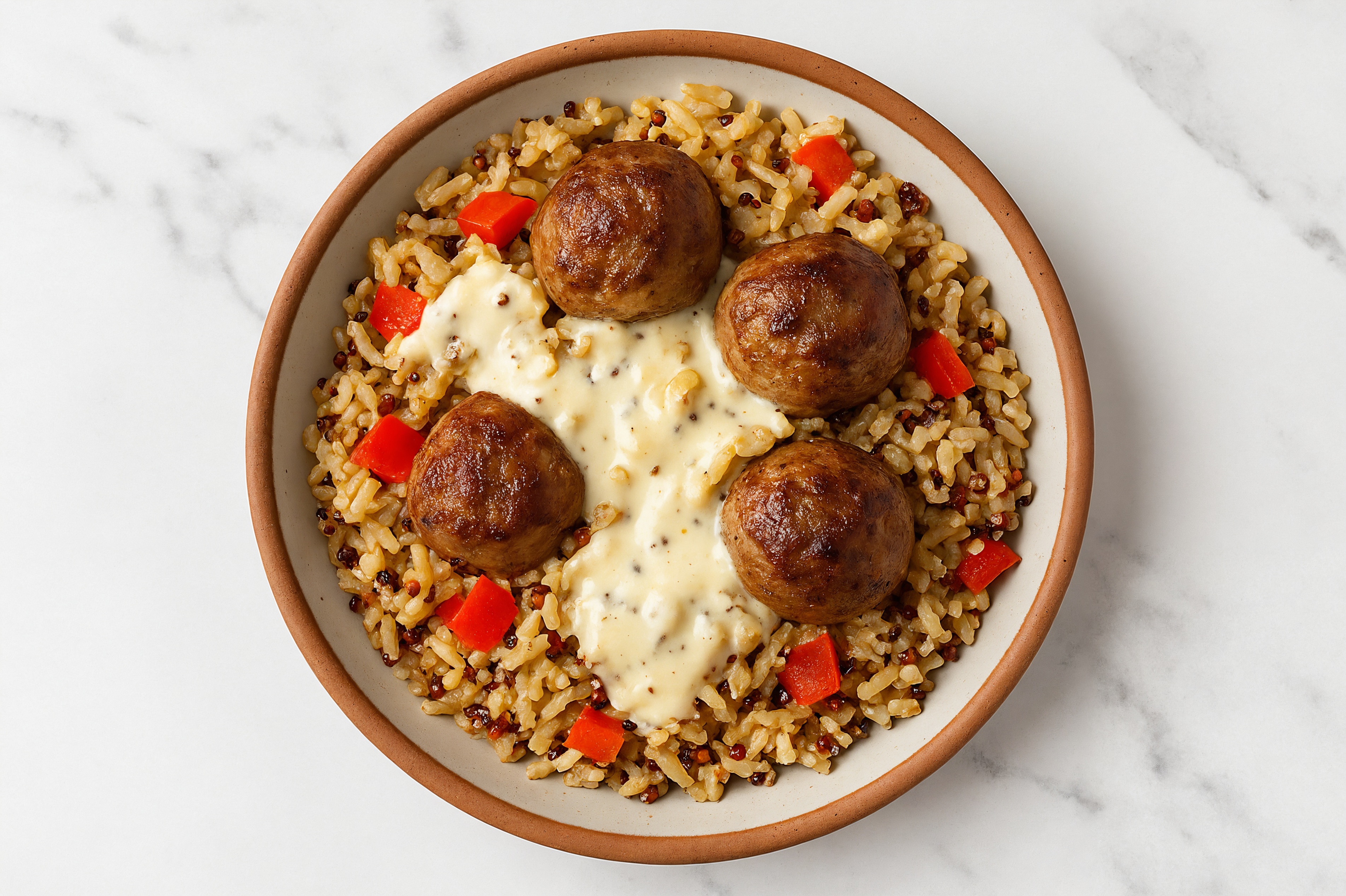 Alfredo Meatball Rice Bowl with Red Bell Pepper