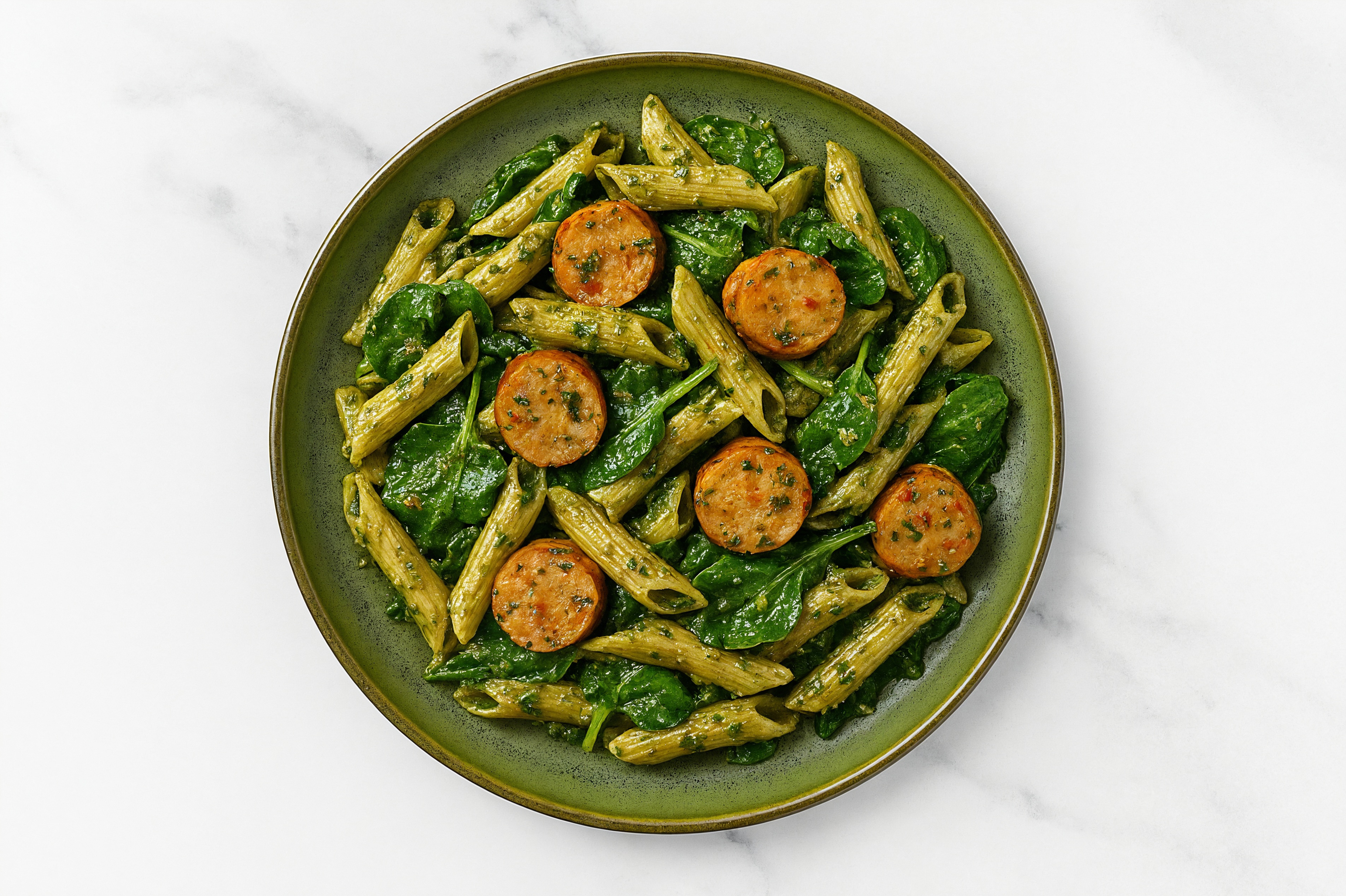 Spinach Pesto Penne with Chicken Sausage & Spinach