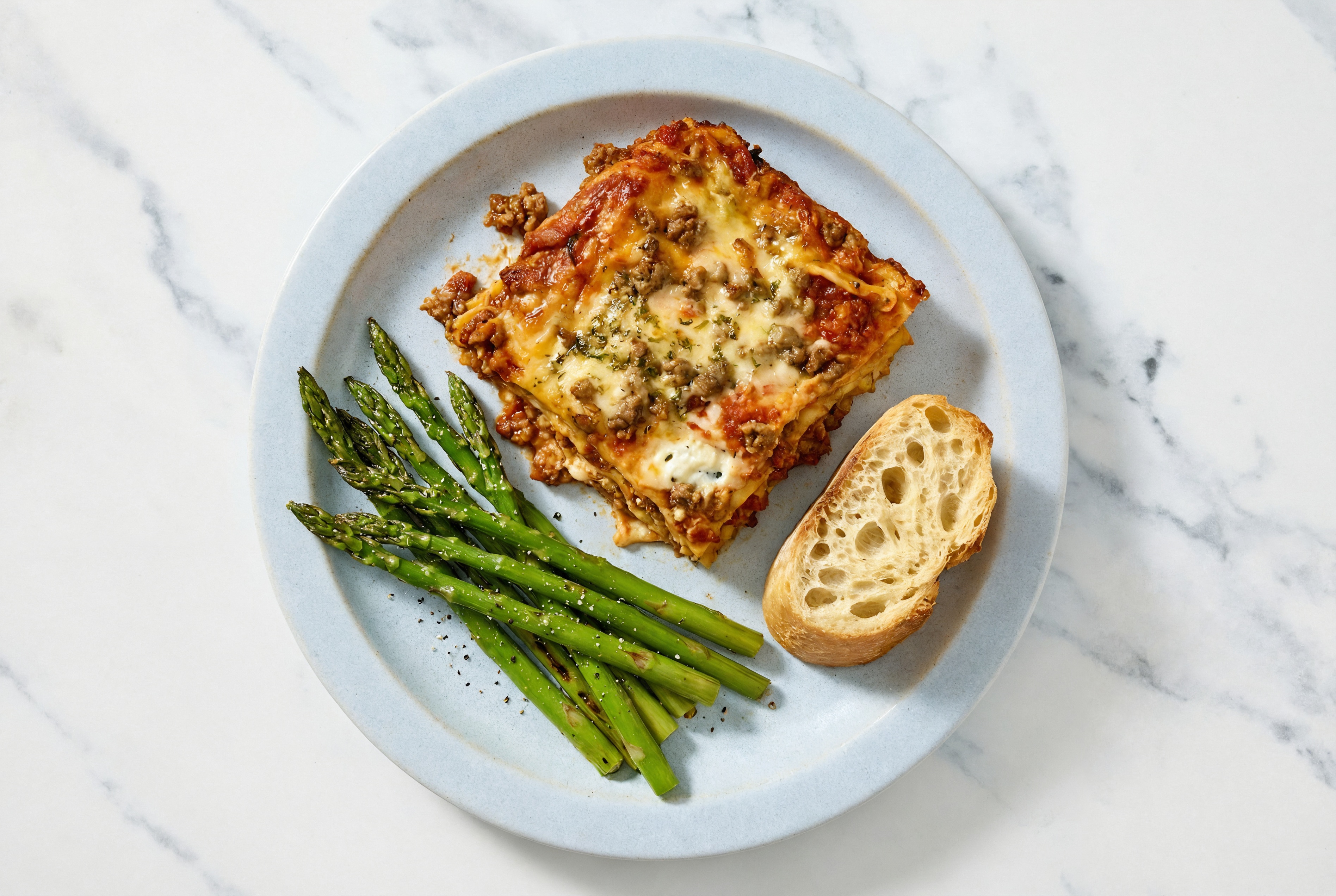 Lasagna Bolognese with Asparagus + Baguette