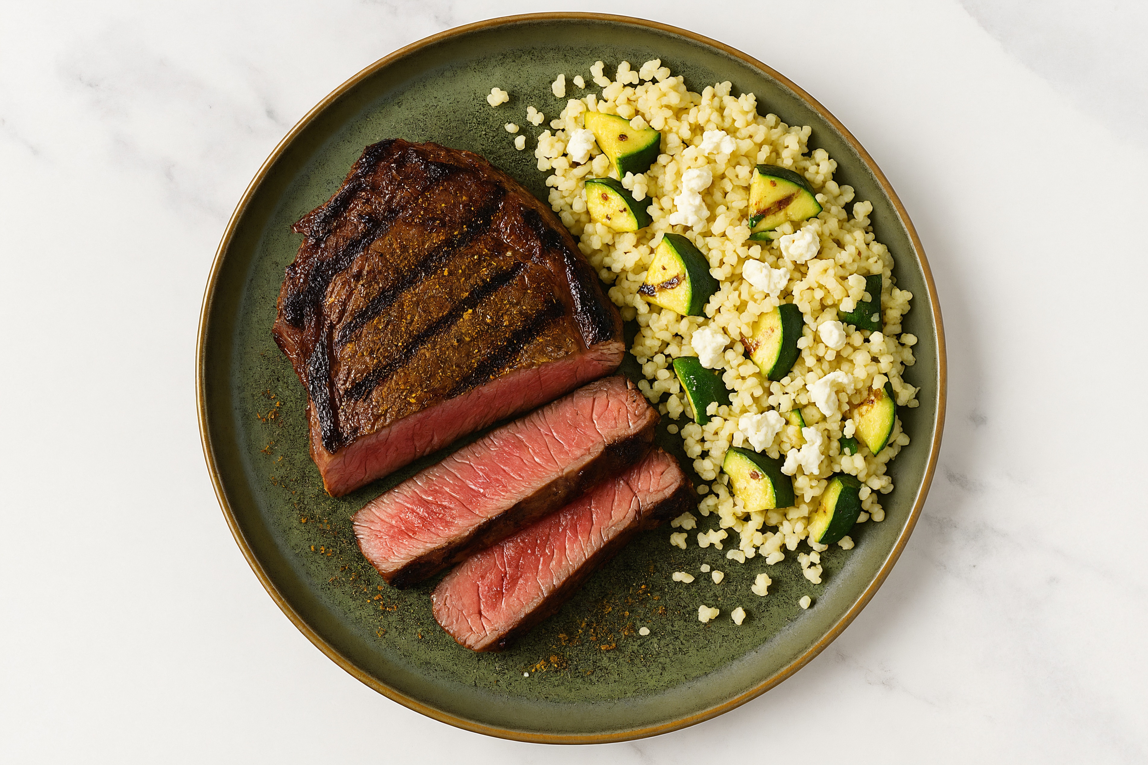 Curry Grilled Steak with Zucchini + Feta Couscous