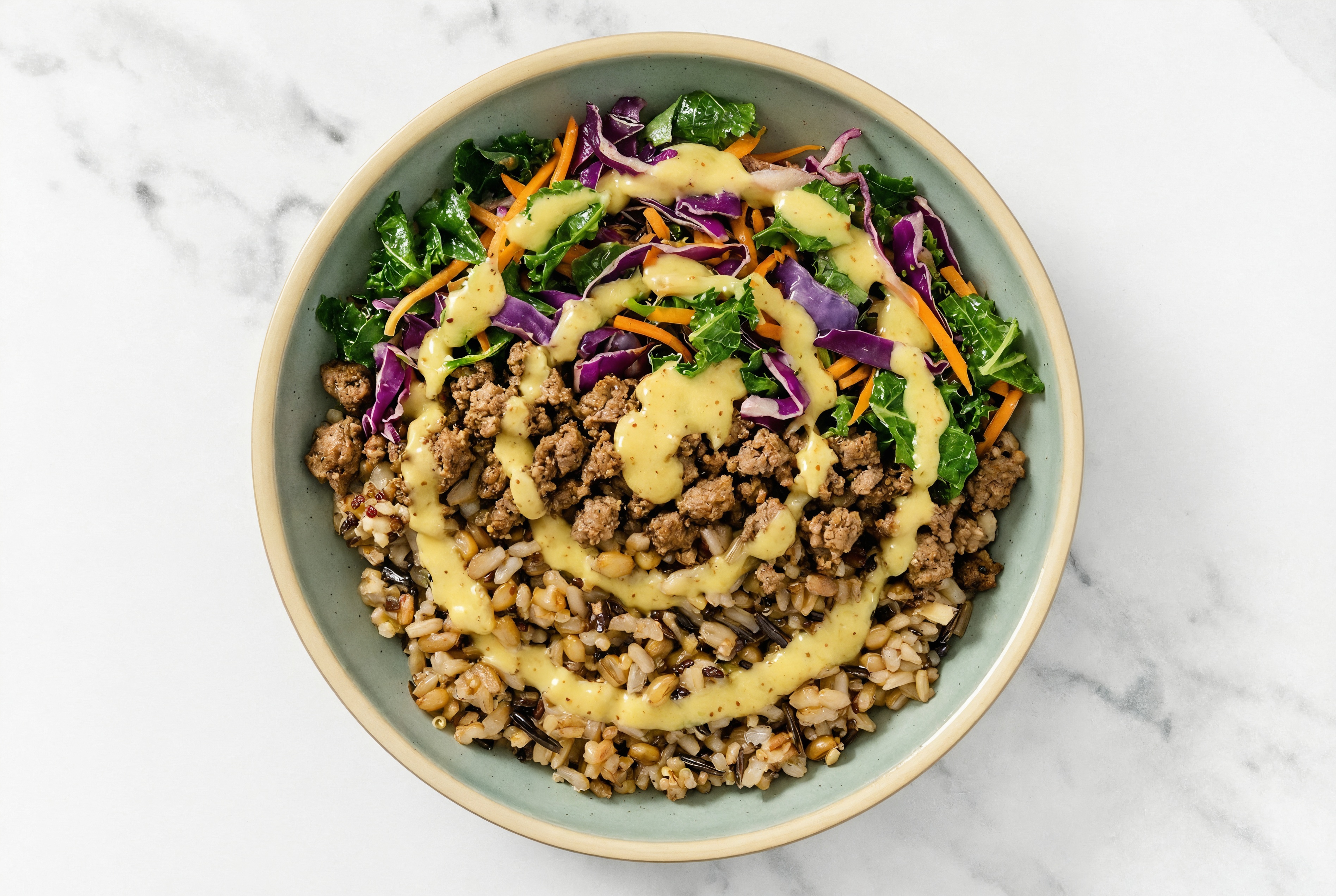 Ground Bison & Rainbow Veggie Grain Bowl with Honey Mustard