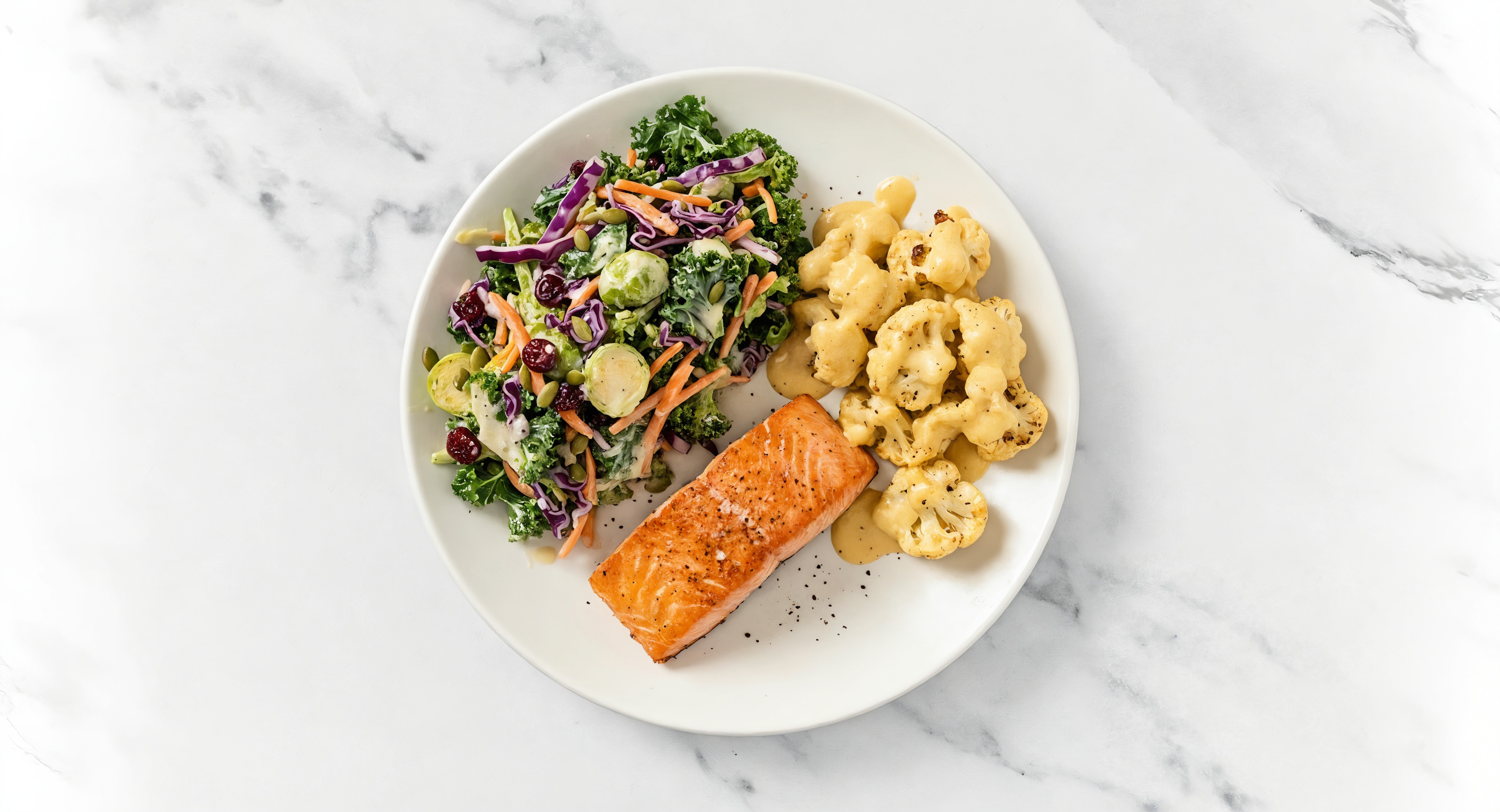 Seared Wild Salmon + Creamy Cheddar Cauliflower with Sweet Kale Salad Kit