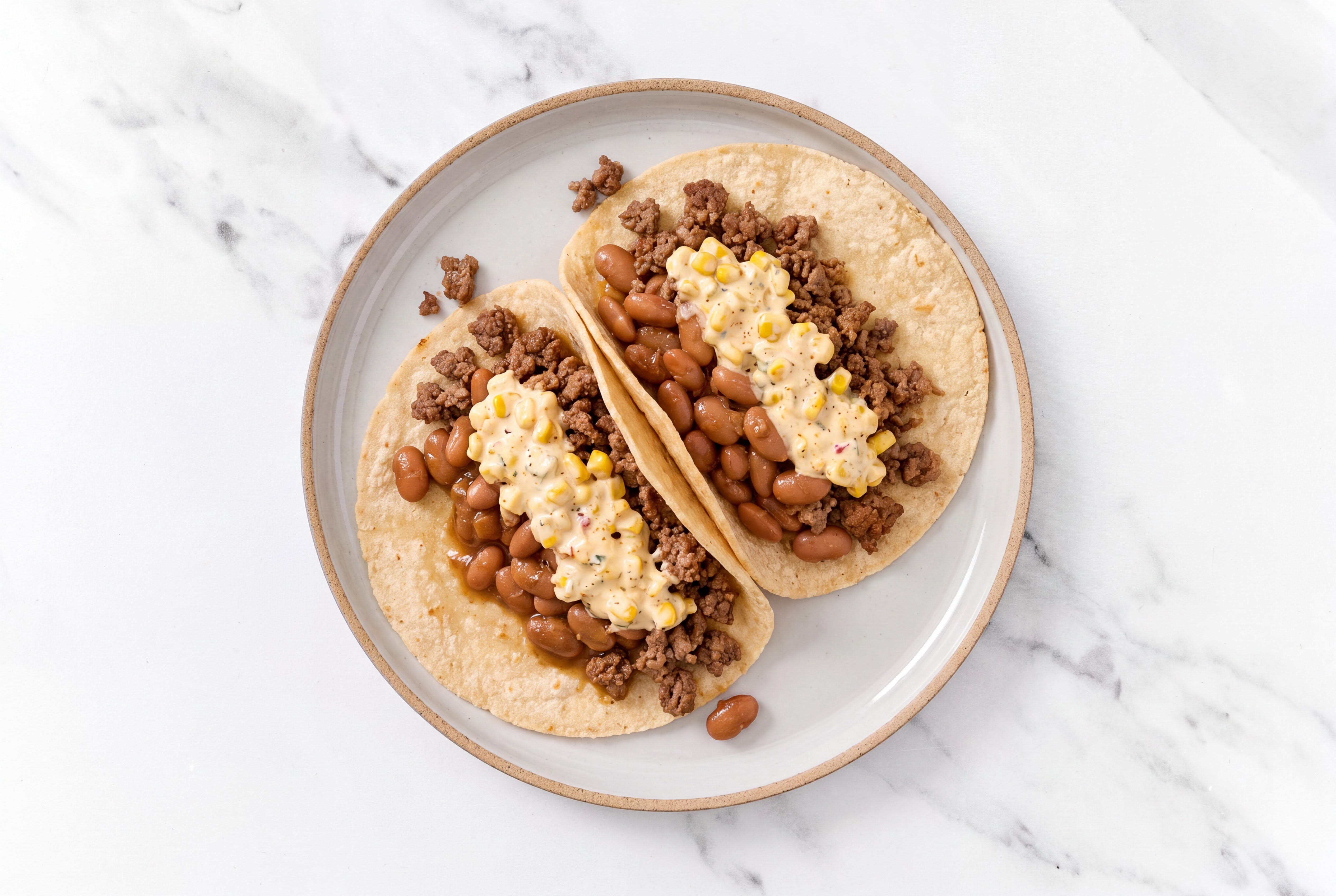 Ground Beef Tacos with Street Corn Sauce & Pinto Beans