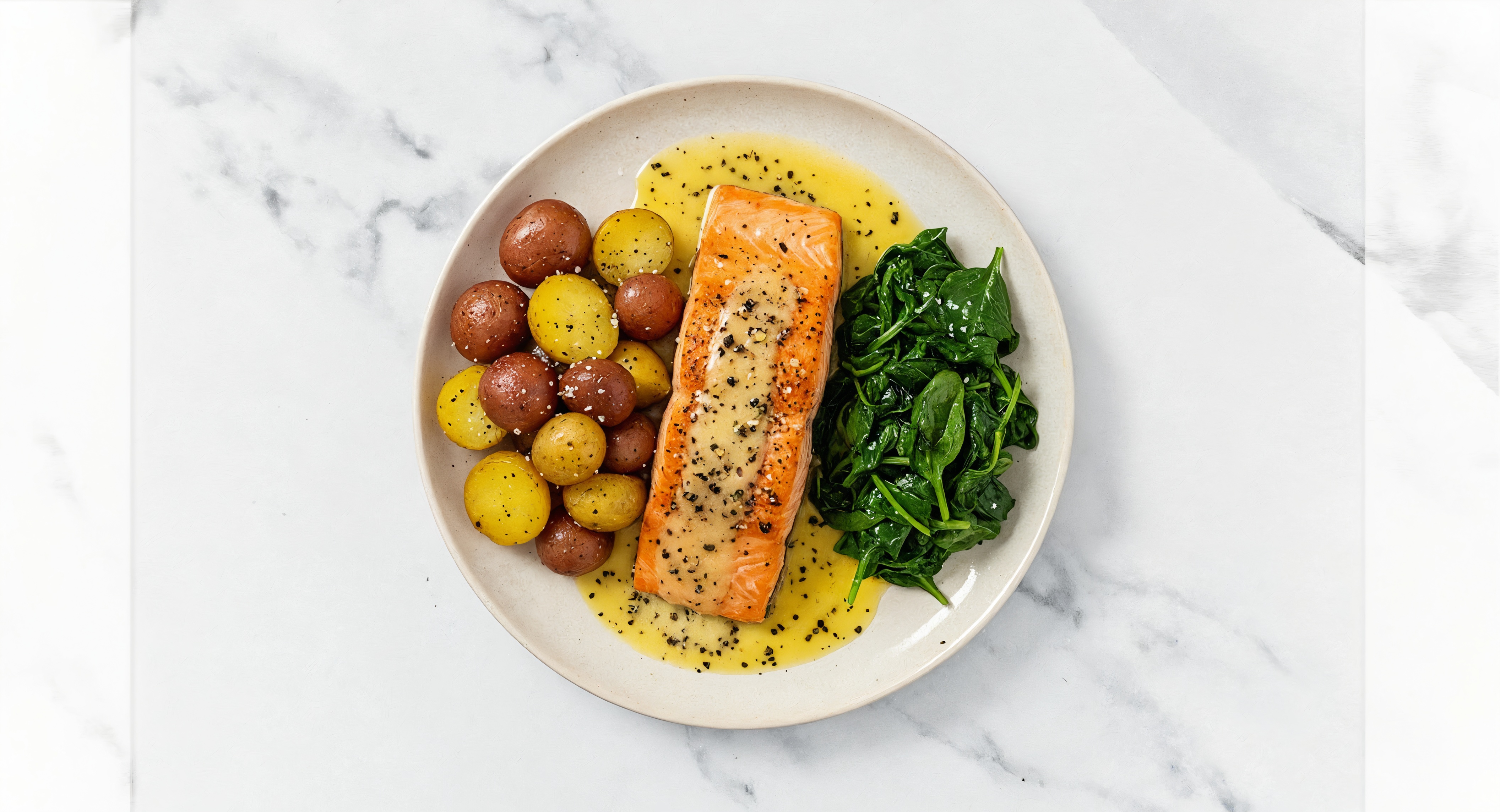 Lemon-Slow Churned & Peppercorn Pasture Butter Salmon with Creamer Potatoes & Spinach