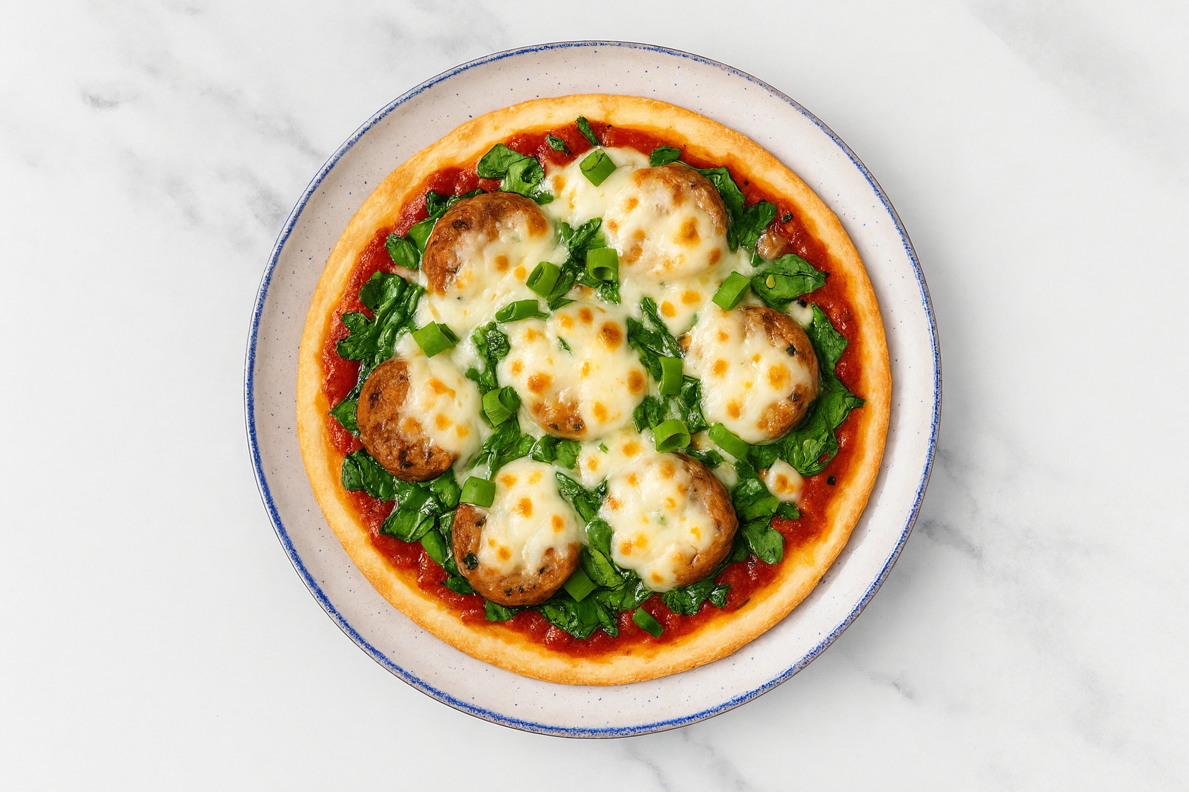 Classic Meatball + Spinach Gluten-Free Pizza with Scallions