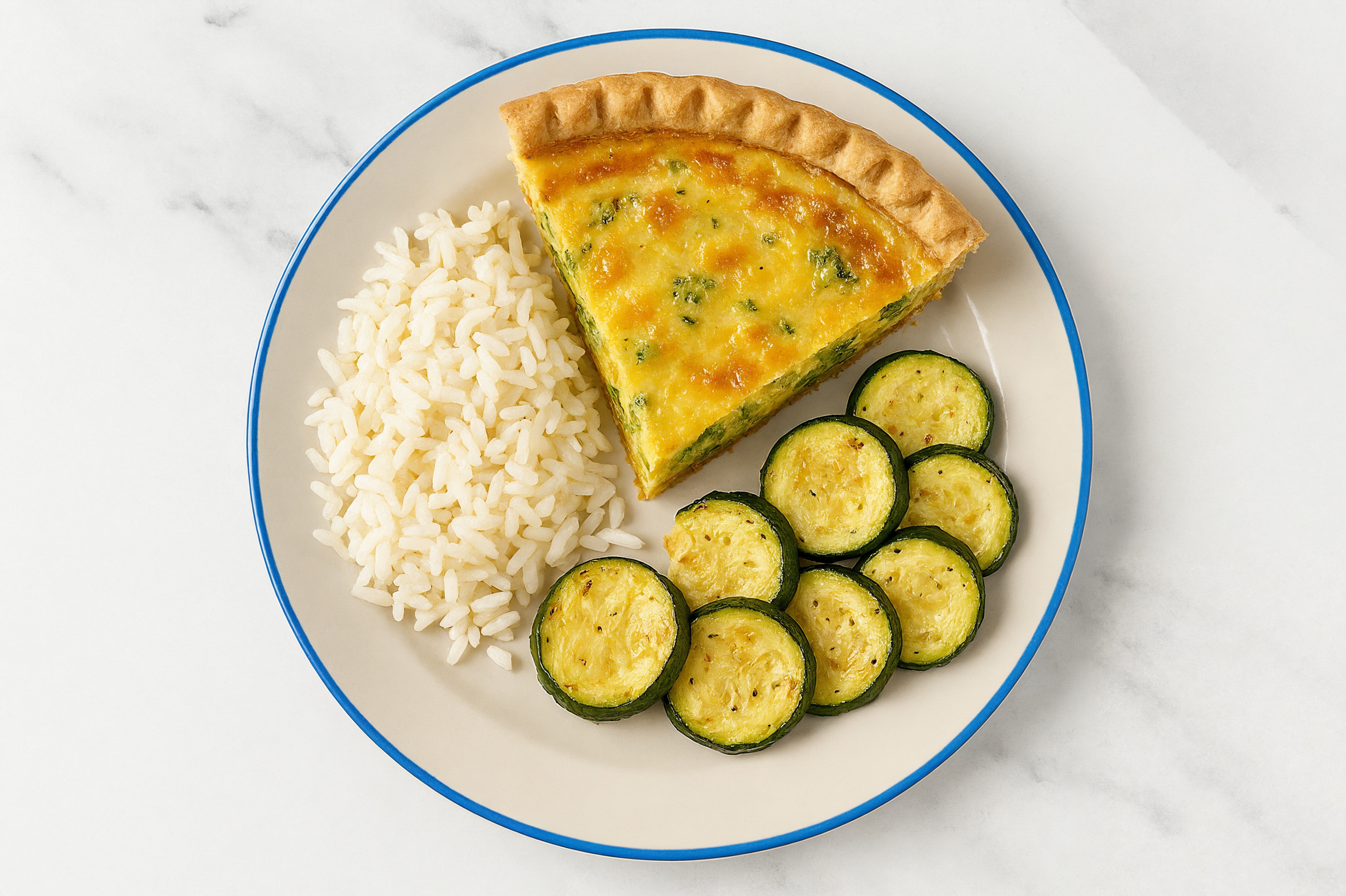 Broccoli & Cheddar Quiche with Zucchini & White Rice