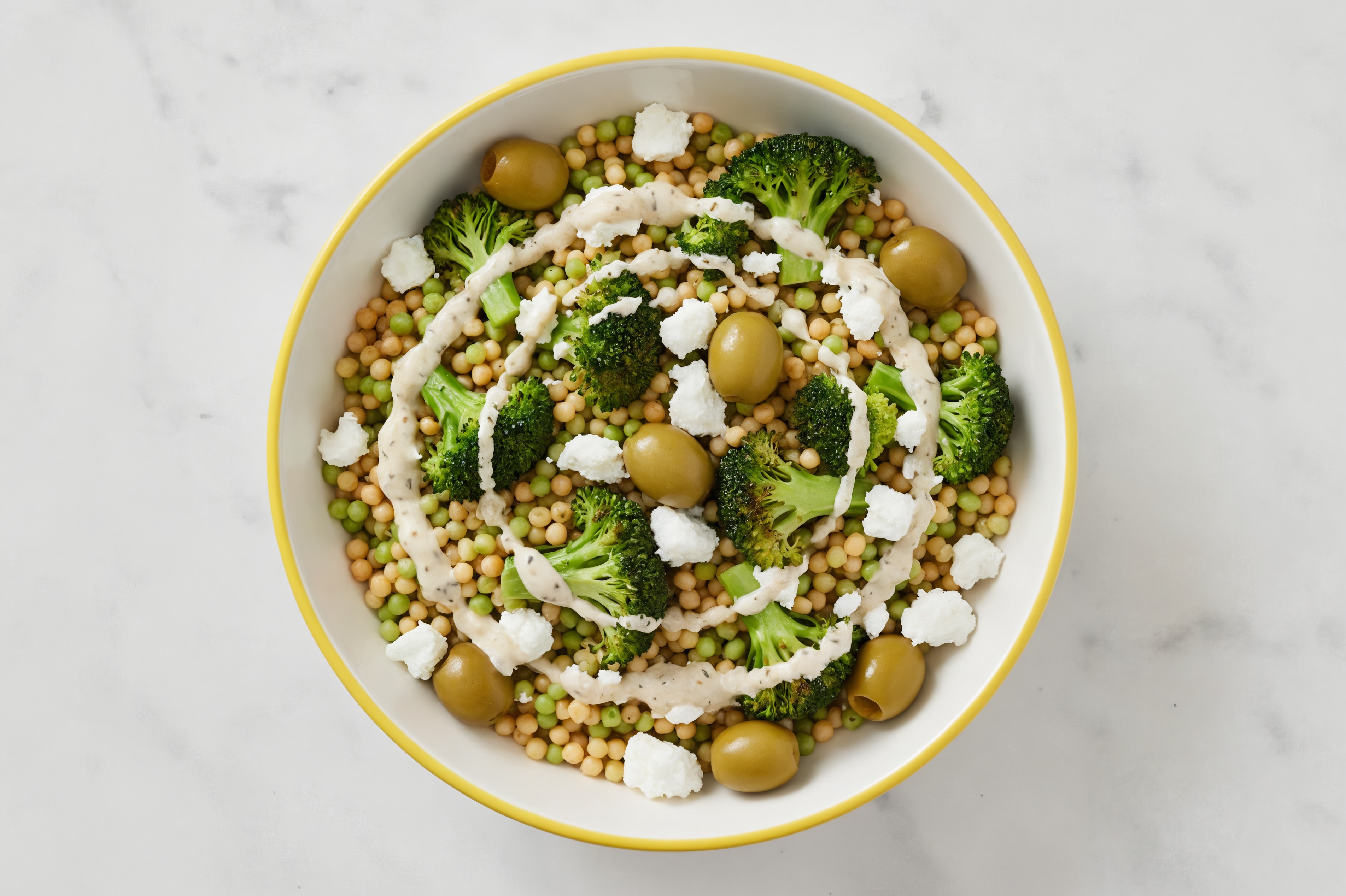 Garlicky Broccoli Florets Feta Green Olive Grain Bowl