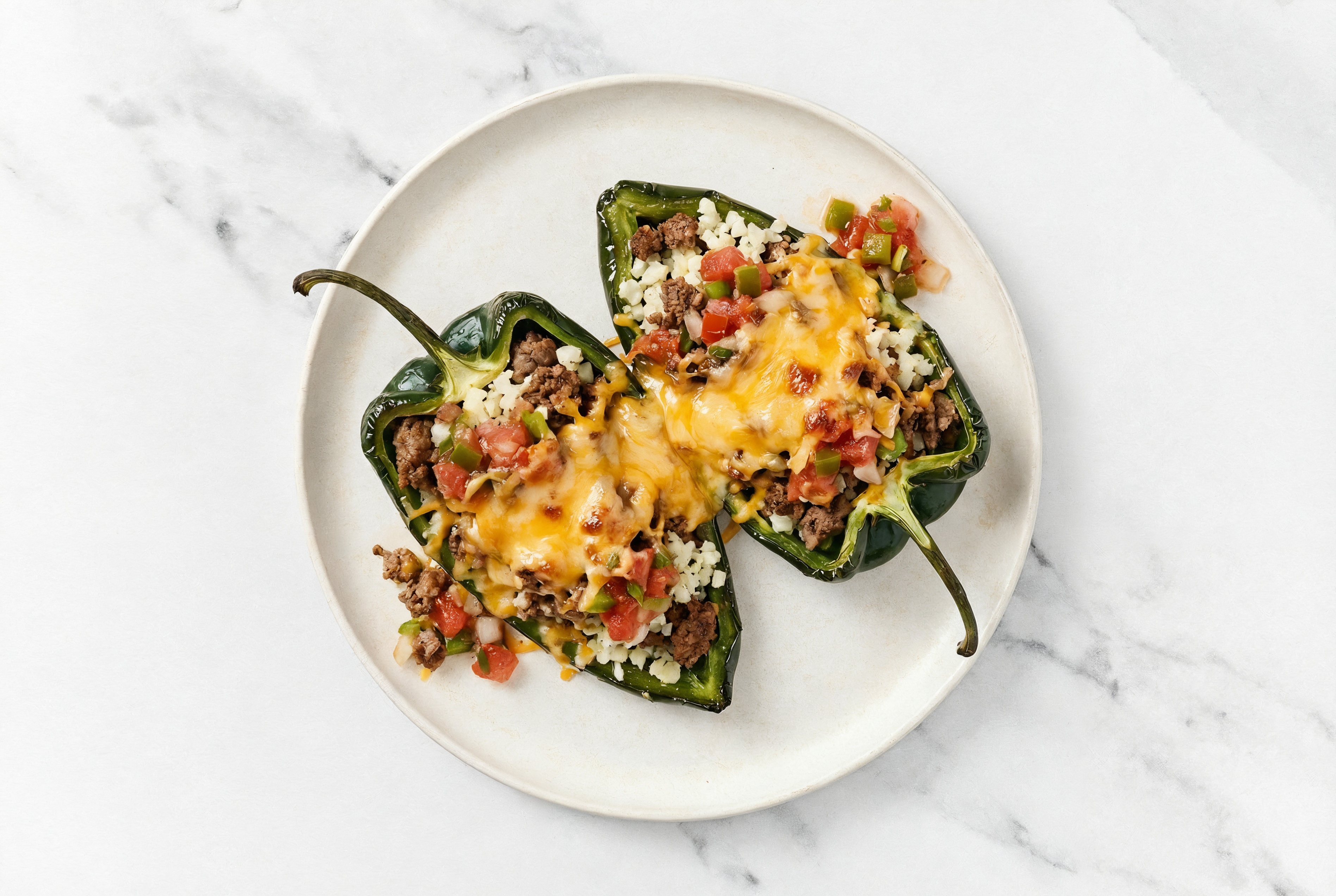 Cheesy BBQ Beef and Brisket Burger Stuffed Poblano Peppers