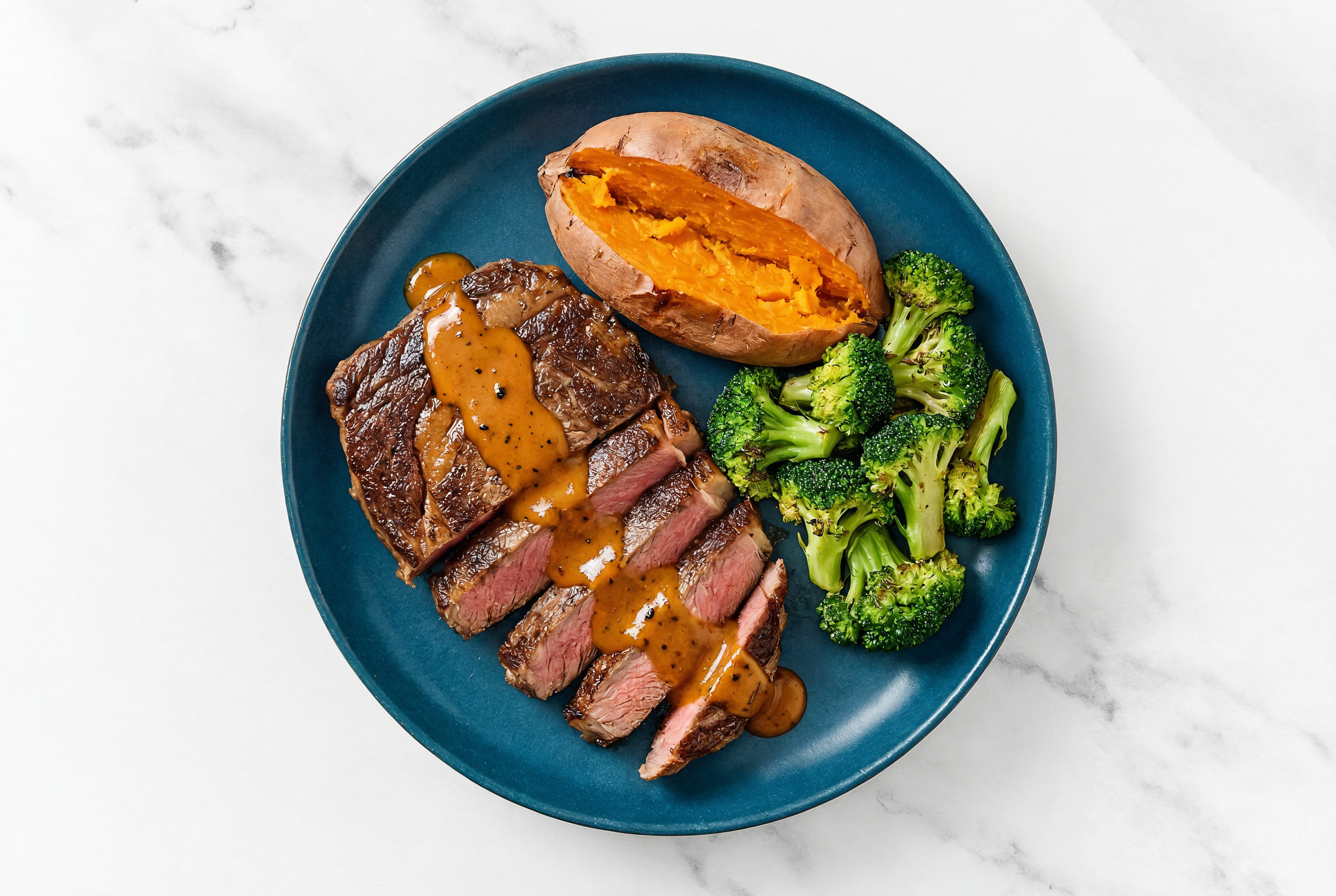 Sweet Hickory Steak + Sweet Potato with Broccoli Florets