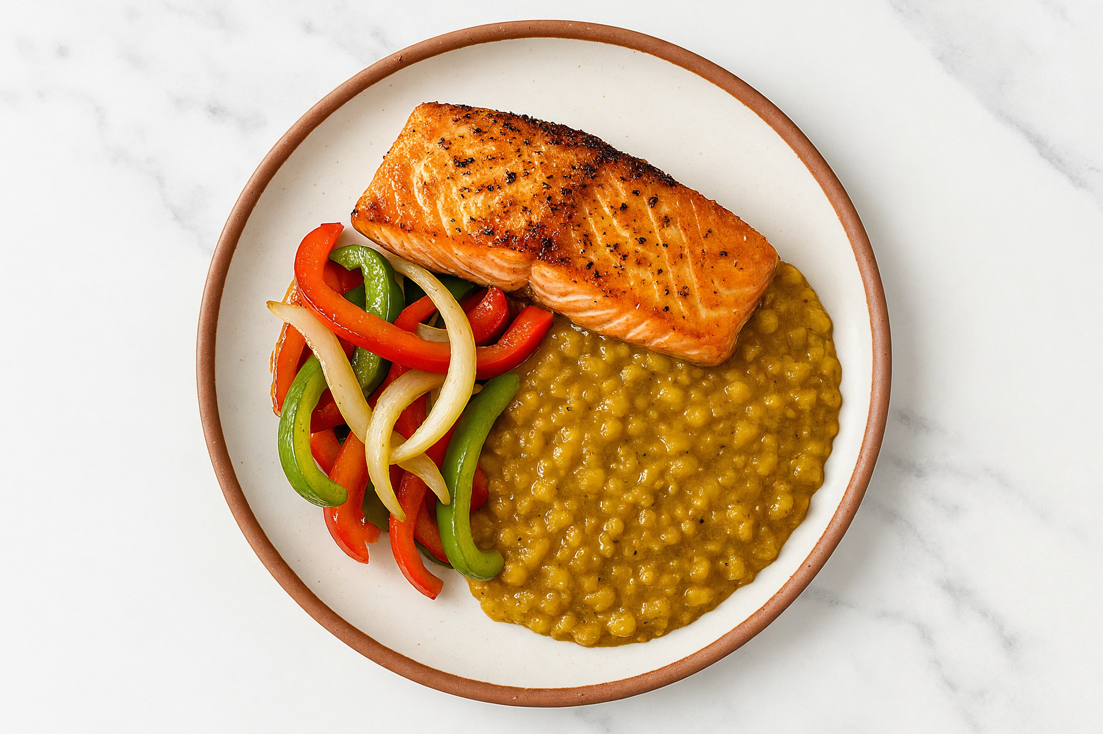 Salmon + Bell Pepper over Yellow Lentil Dal