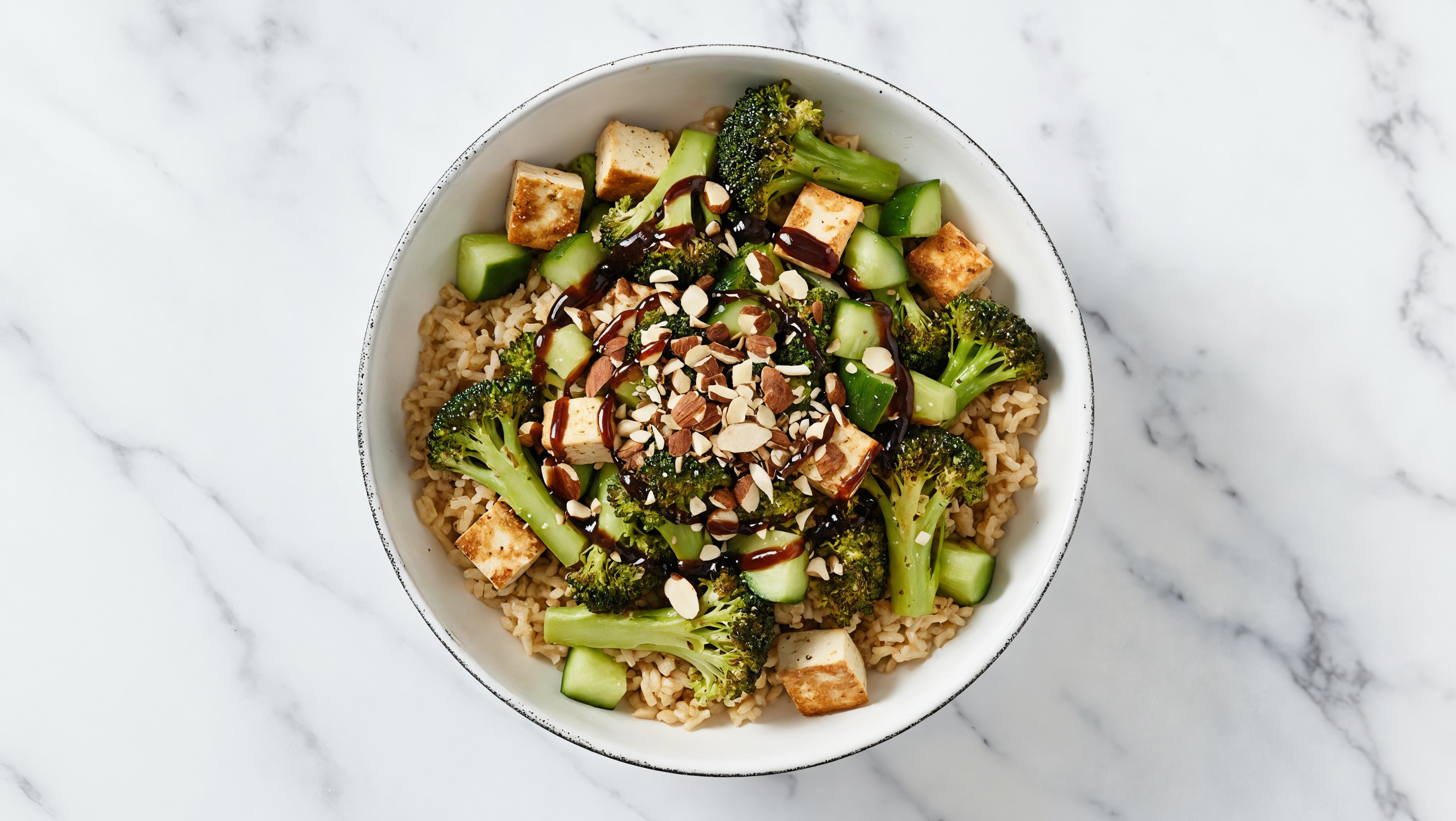 Crunchy Almond BBQ Bowl with Cucumber, Organic Broccoli + Tofu