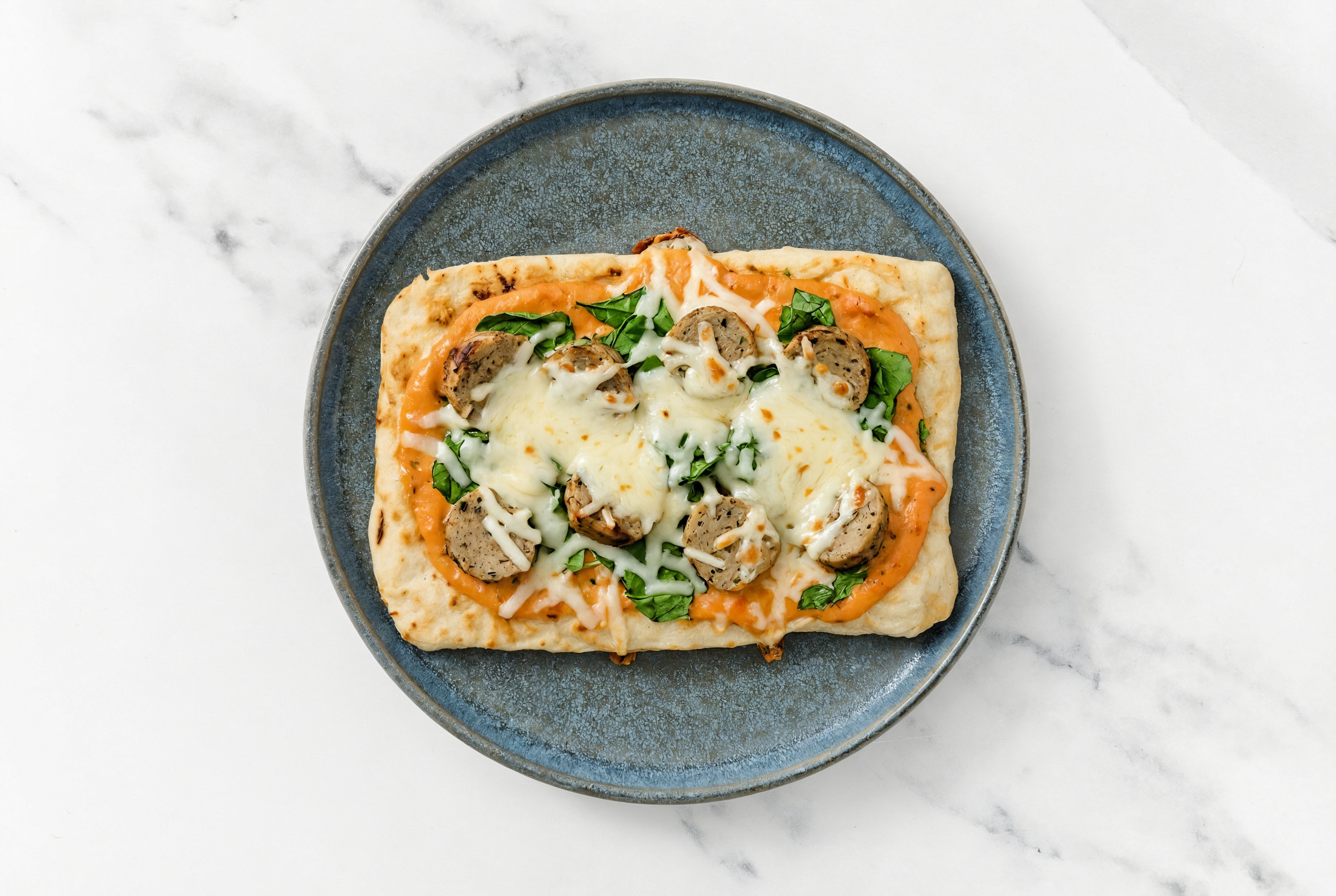 Creamy Meatball + Spinach Pizza