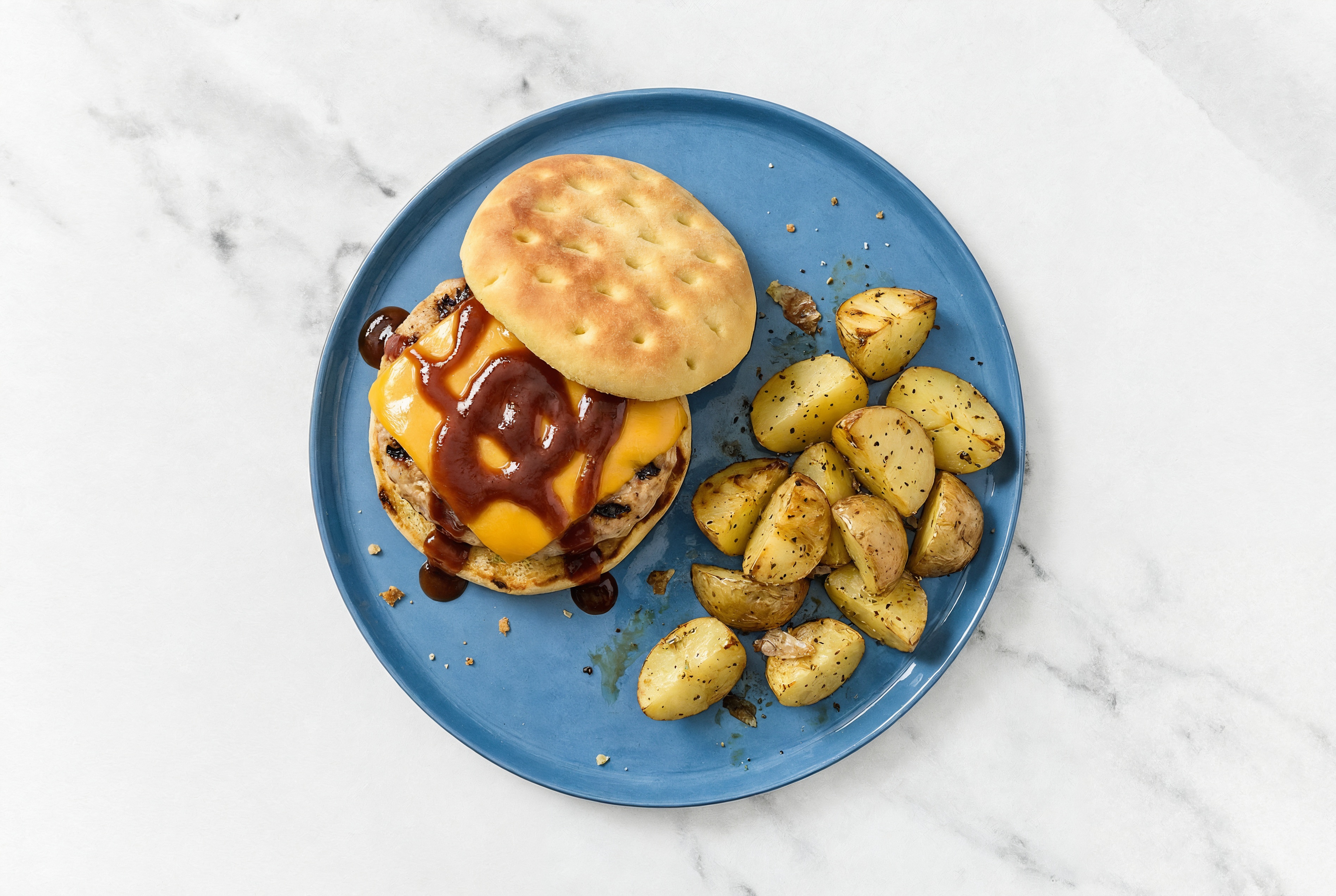 Savory BBQ Grilled Turkey Cheeseburger + Yellow Potatoes