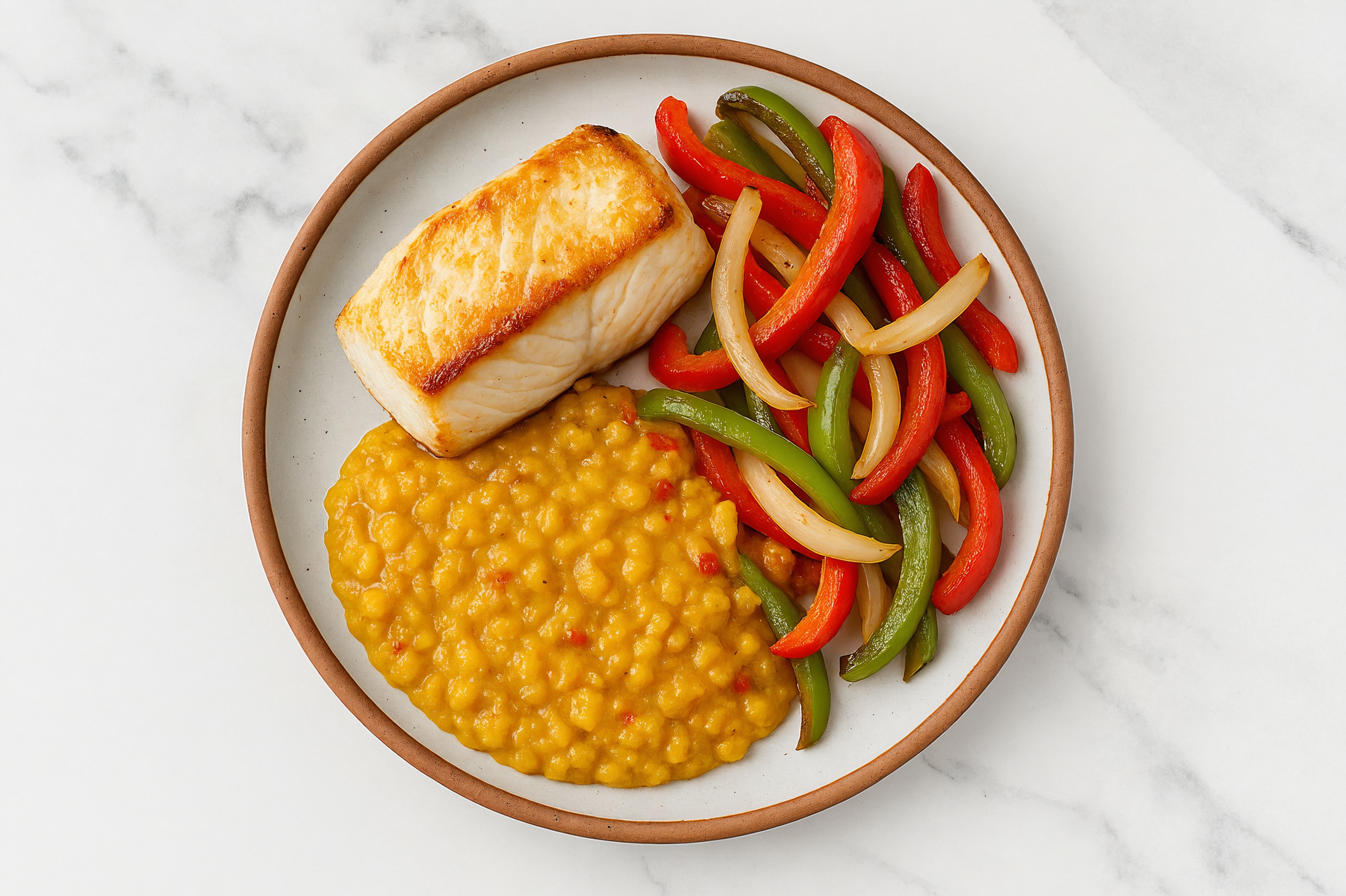 Halibut + Bell Pepper over Red Lentil Dal