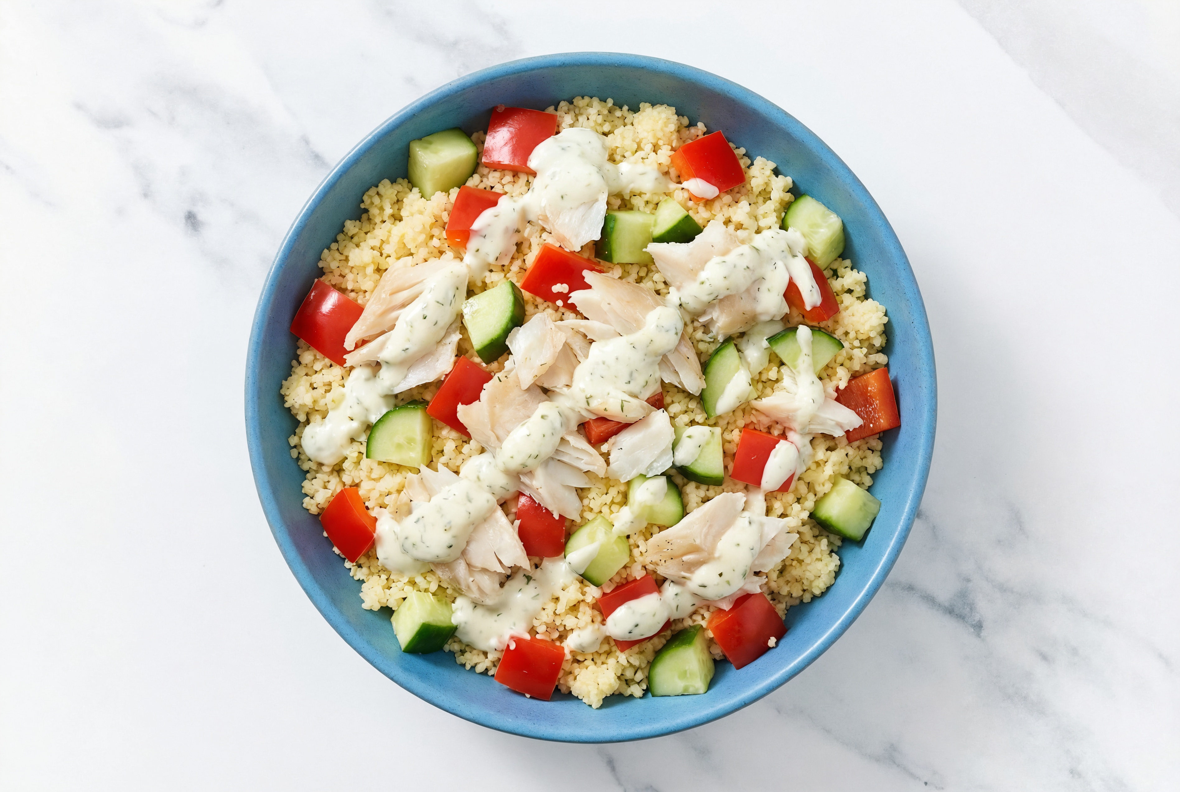 Seared Barramundi + Tzatziki Veggie Bliss Bowl with Red Bell Pepper