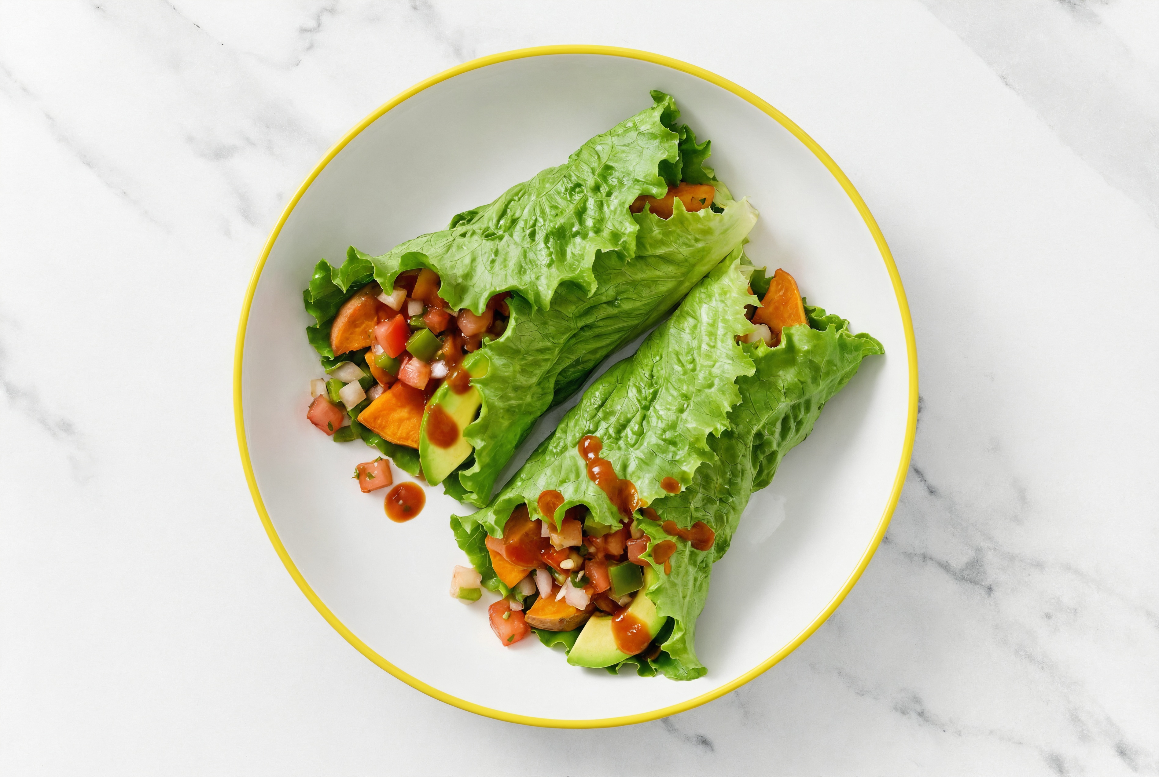 Spicy Avocado + Sweet Potato Lettuce Wraps with Sriracha Hot Sauce
