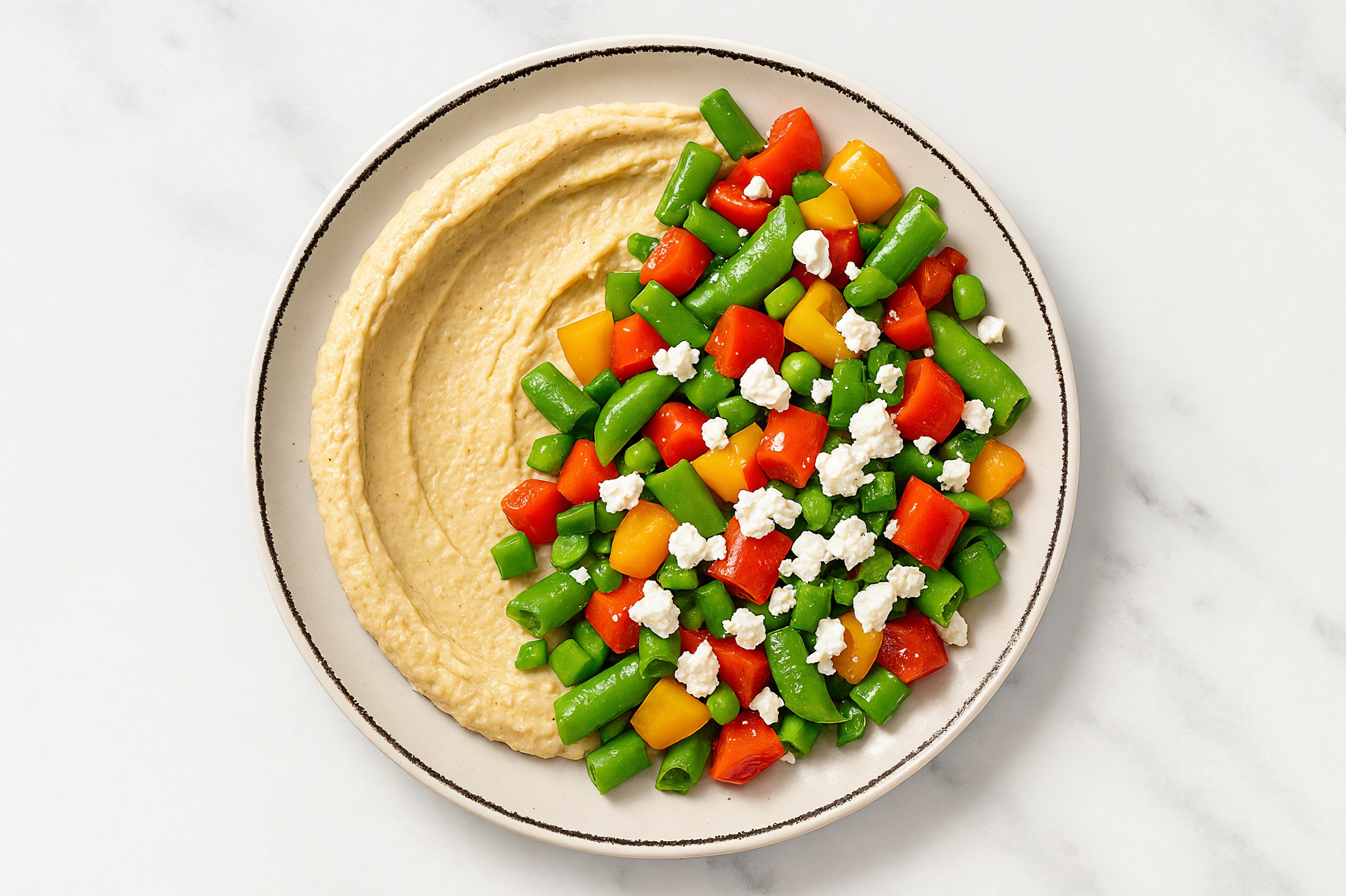Feta Sweet Pepper Snap Pea Bowl over Onion Hummus