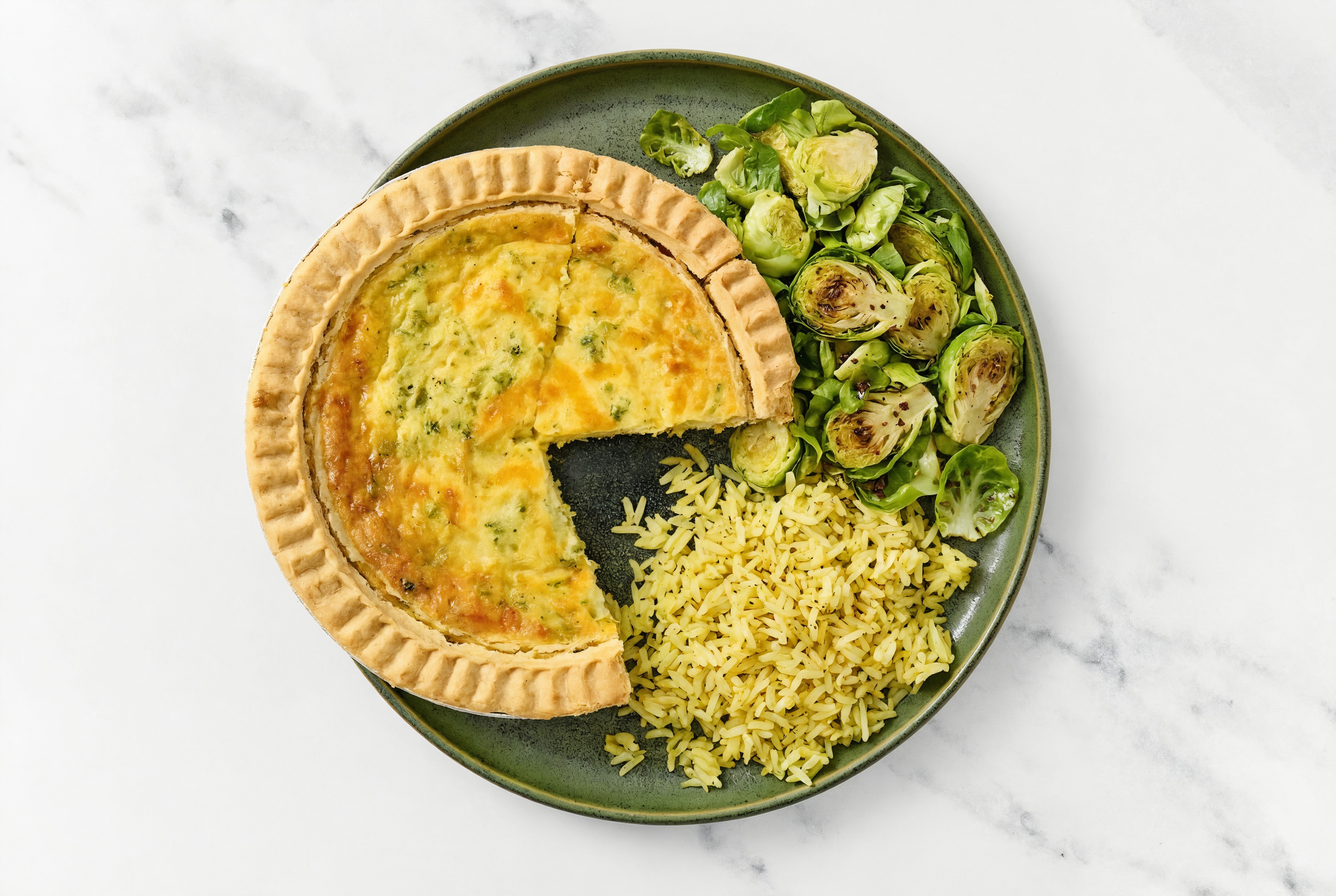 Broccoli & Cheddar Quiche with Brussels & Jasmine Rice