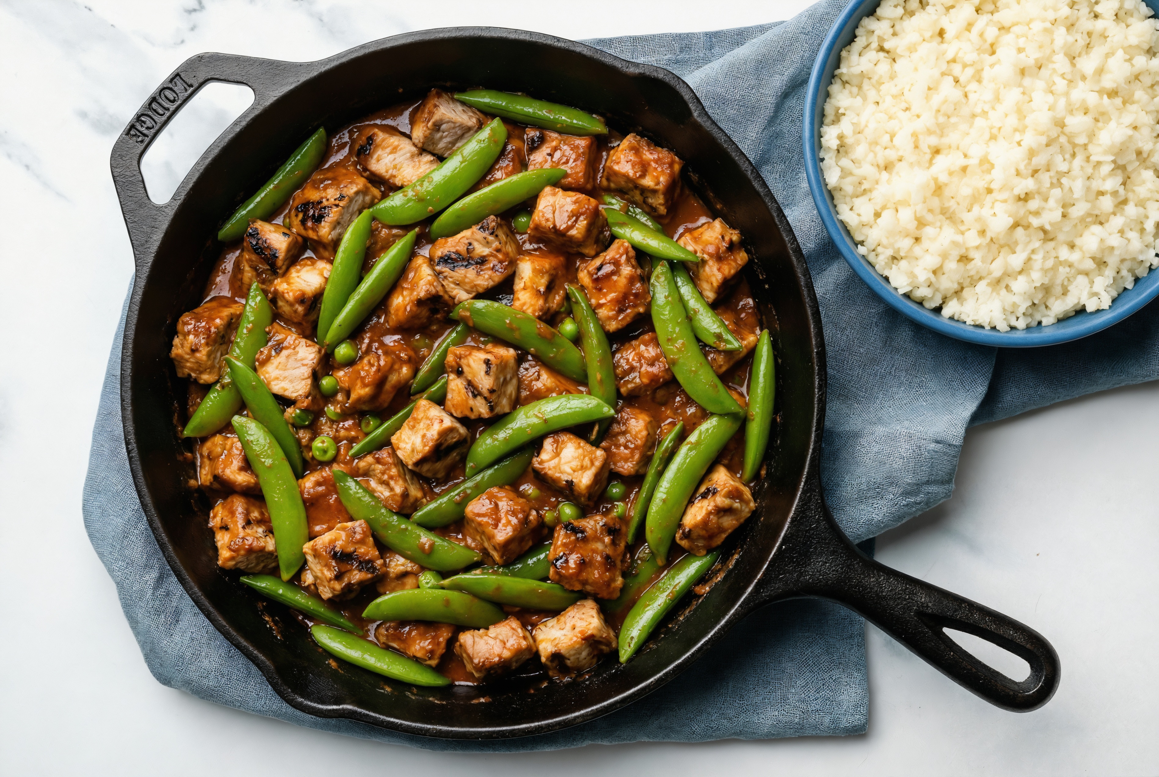 Spicy Vindaloo Grilled Pork Stir-Fry with Snap Peas over Riced Cauliflower